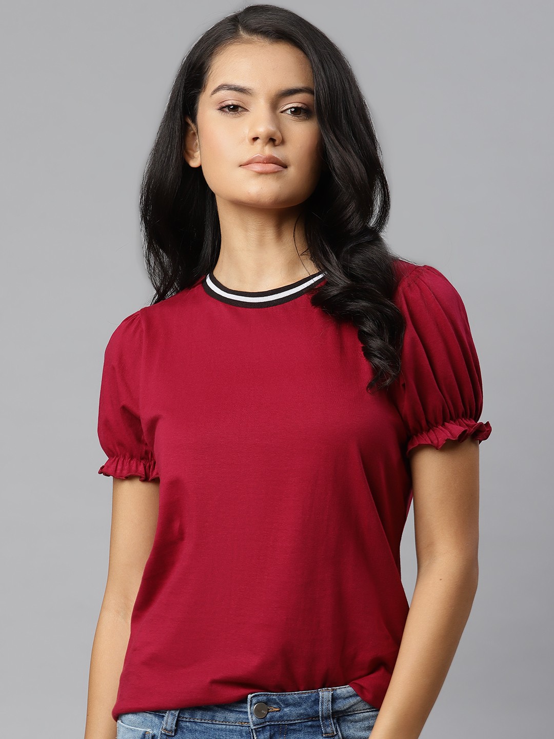 

The Roadster Lifestyle Co Women Burgundy Pure Cotton Solid Puff Sleeve Regular Top