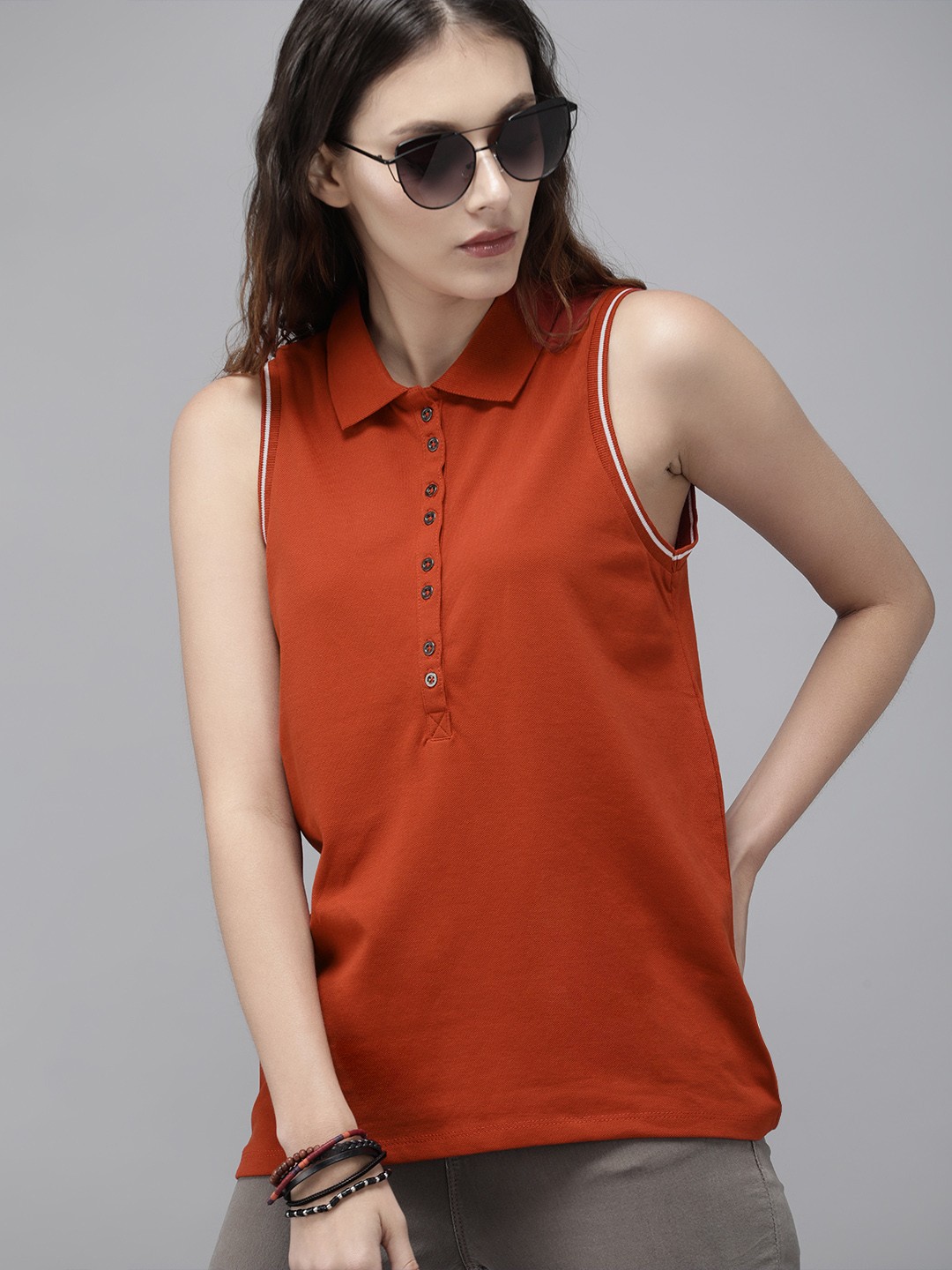

The Roadster Lifestyle Co Women Rust Orange Solid Polo Collar T-shirt