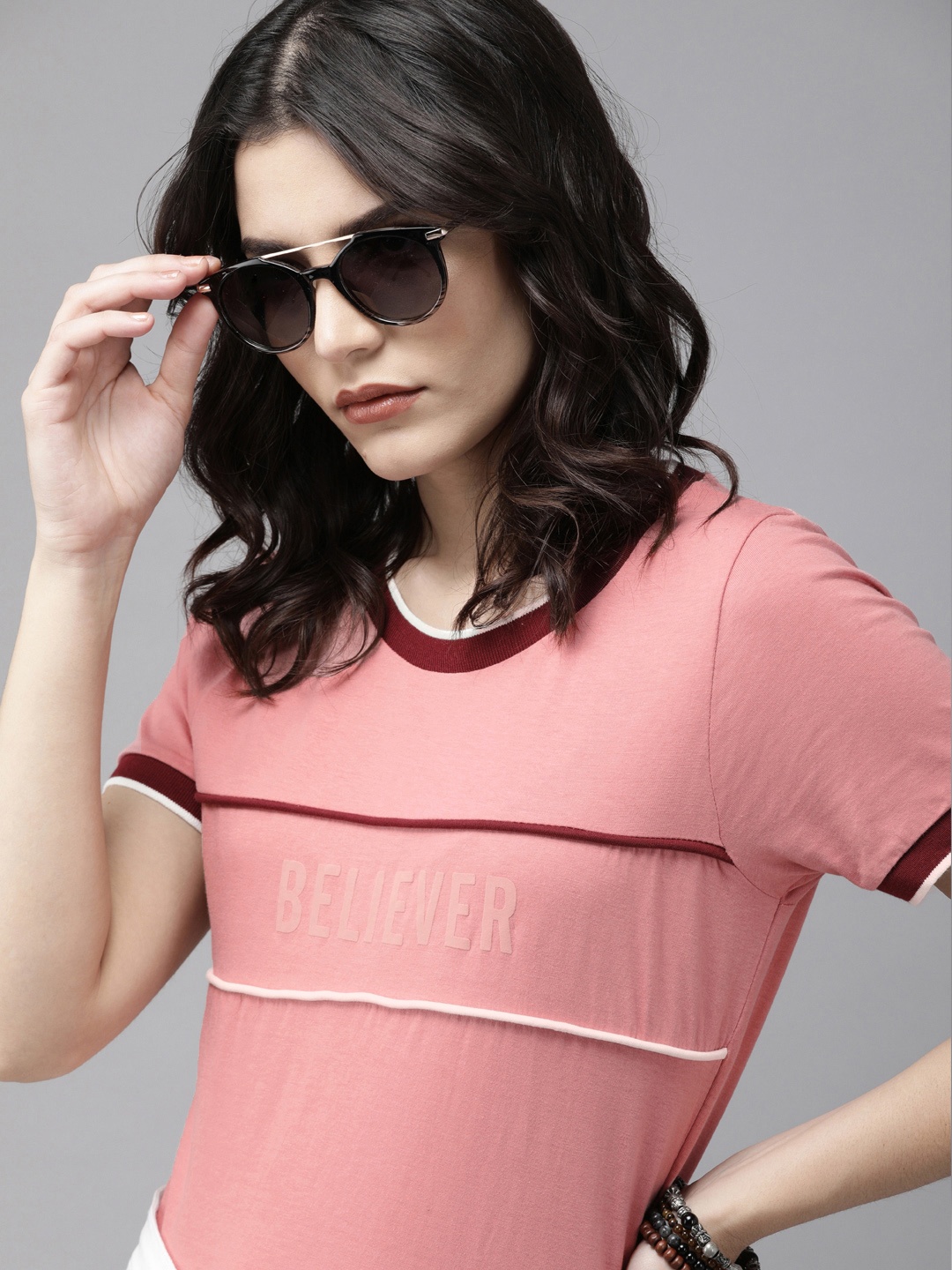 

The Roadster Lifestyle Co Women Pink Typography Printed Pure Cotton T-shirt
