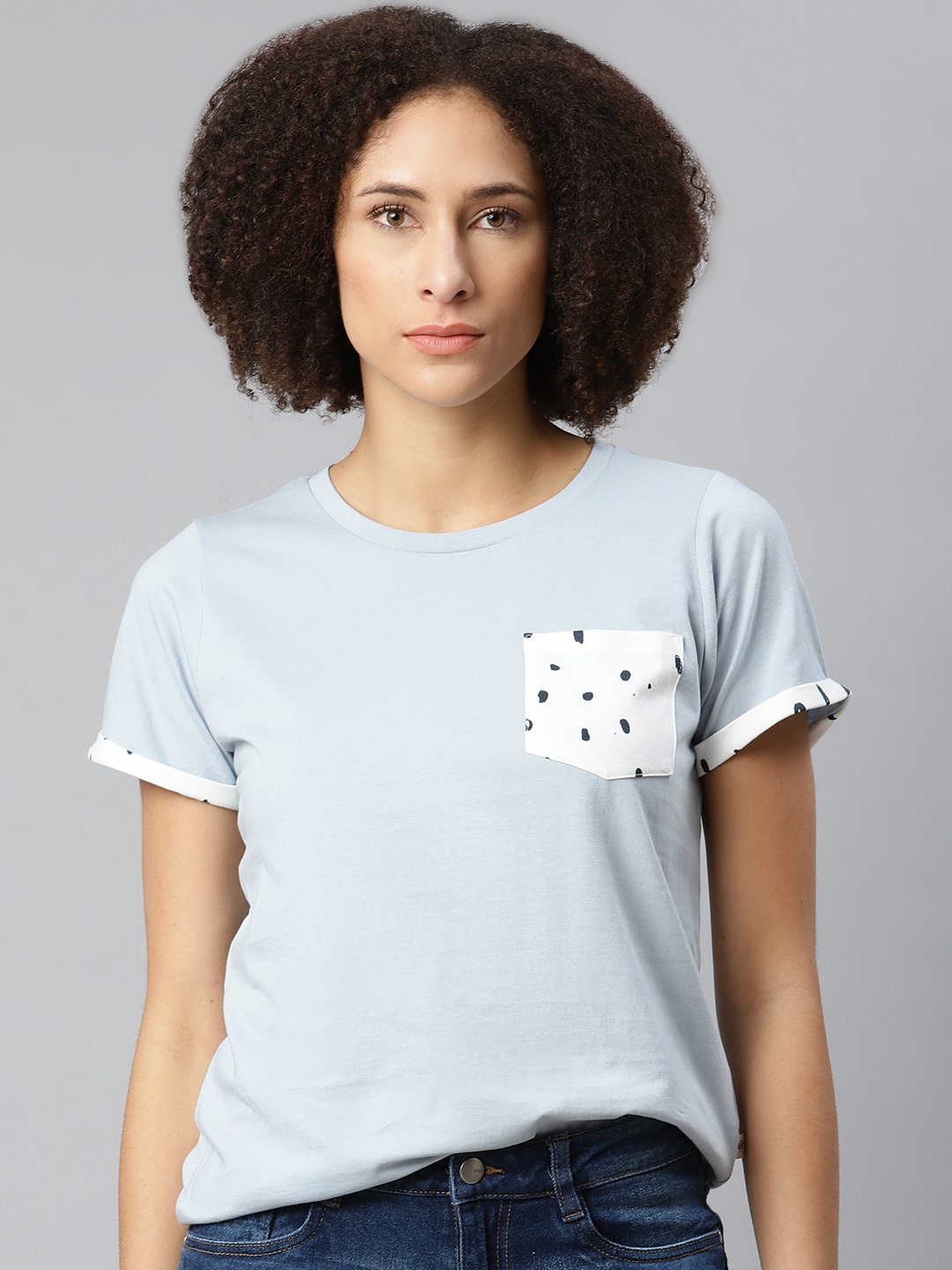 

The Roadster Lifestyle Co Women Blue Cotton Pocket Detail T-shirt