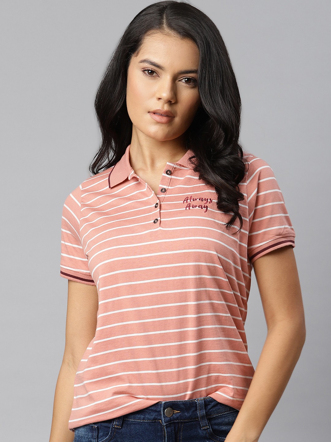 

The Roadster Lifestyle Co Women Pink White Pure Cotton Striped Pure Cotton T-shirt with Embroidered Detail