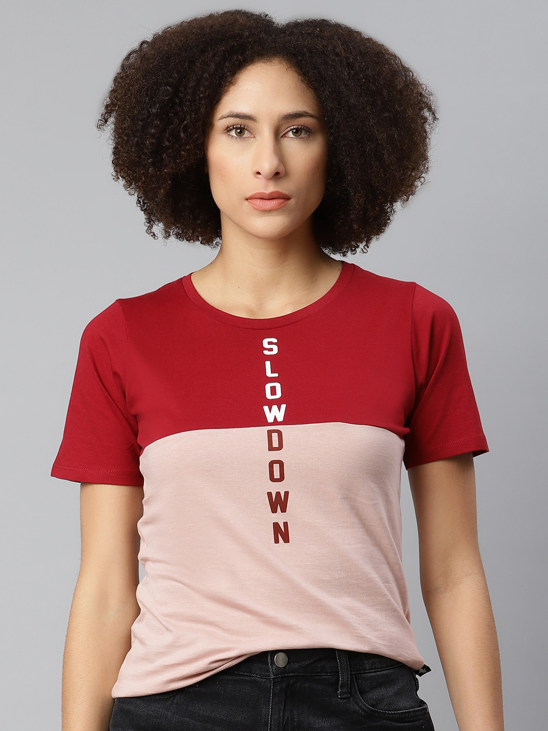 

The Roadster Lifestyle Co Women Red Pink Colourblocked Pure Cotton T-shirt With Typo Detail