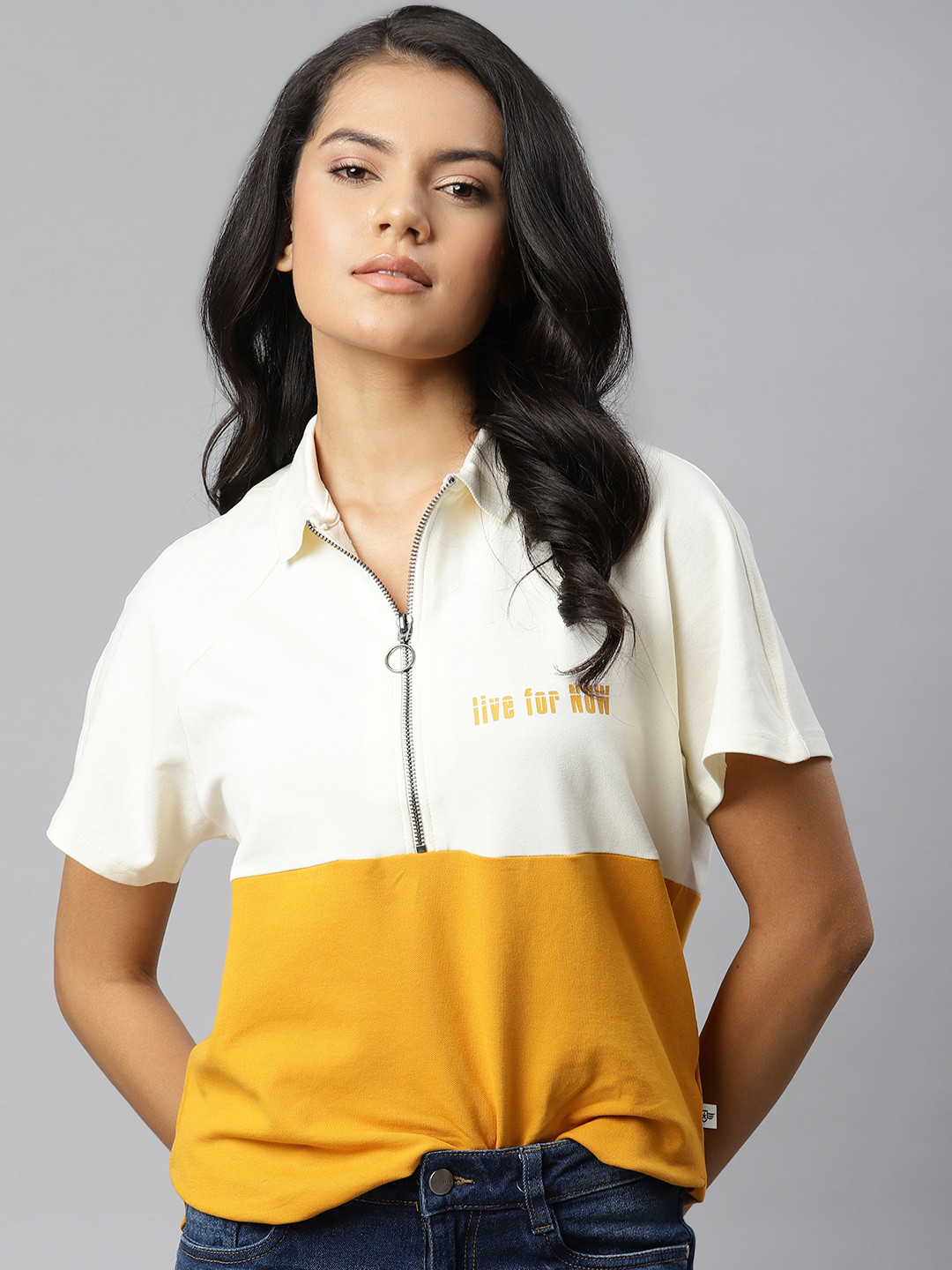 

The Roadster Lifestyle Co Women White & Mustard Yellow Colourblocked Spread Collar T-shirt