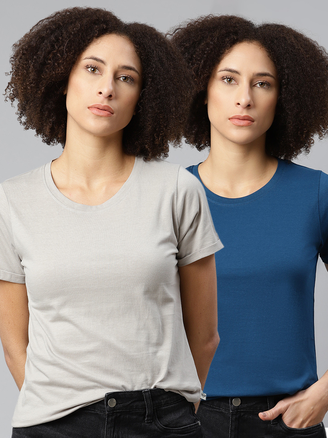 

The Roadster Lifestyle Co Women Pack of 2 Solid T-shirts, Grey melange