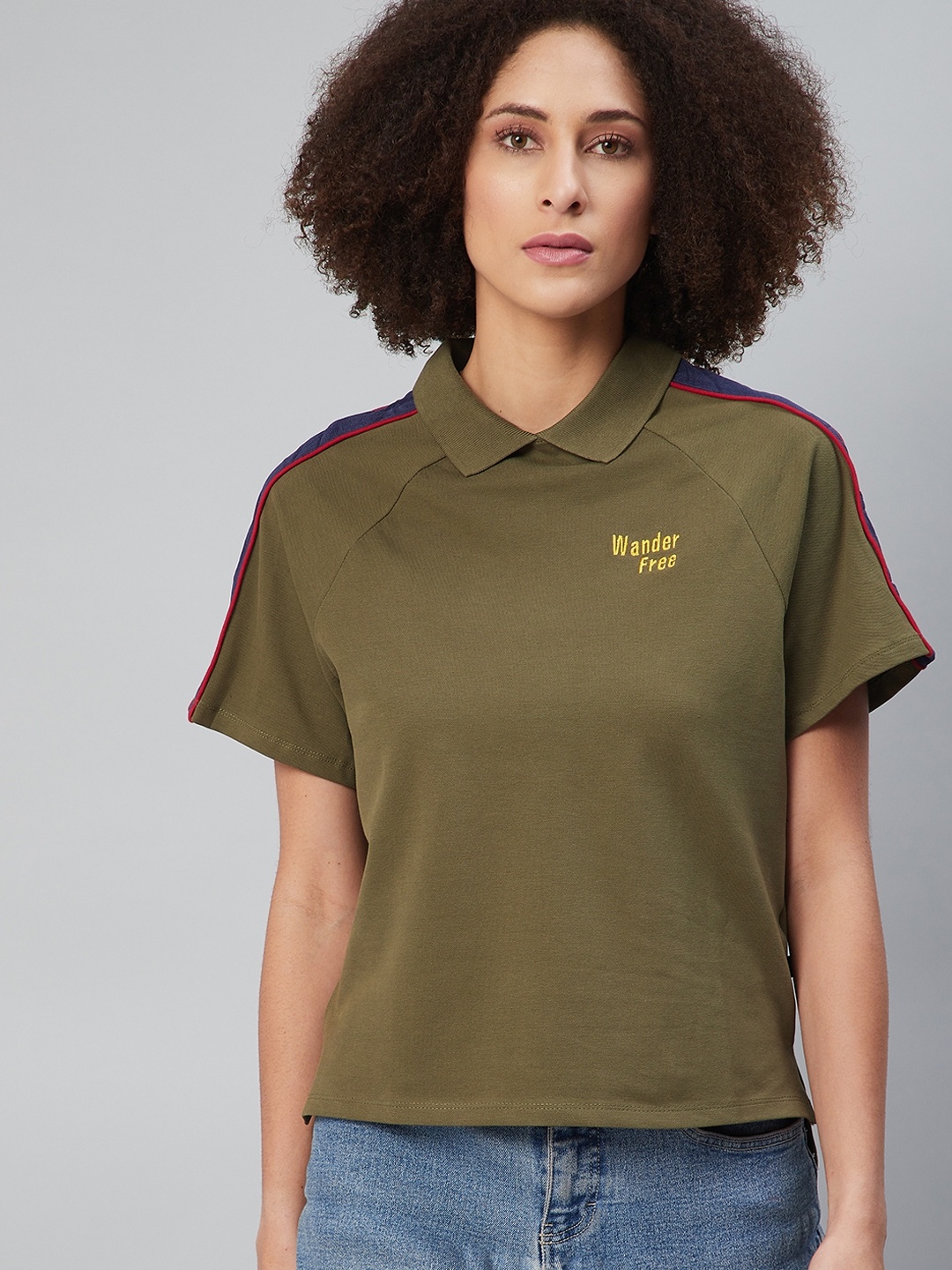 

The Roadster Lifestyle Co Women Olive Green Solid Embroidered Peter Pan Collar T-shirt