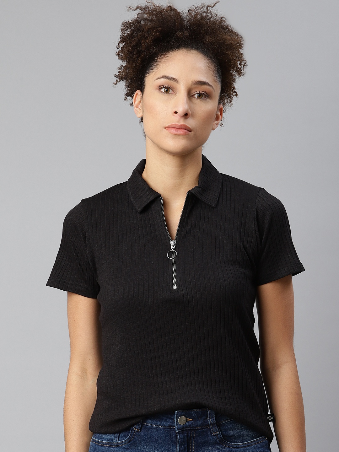 

The Roadster Lifestyle Co Women Black Ribbed Polo Collar T-shirt