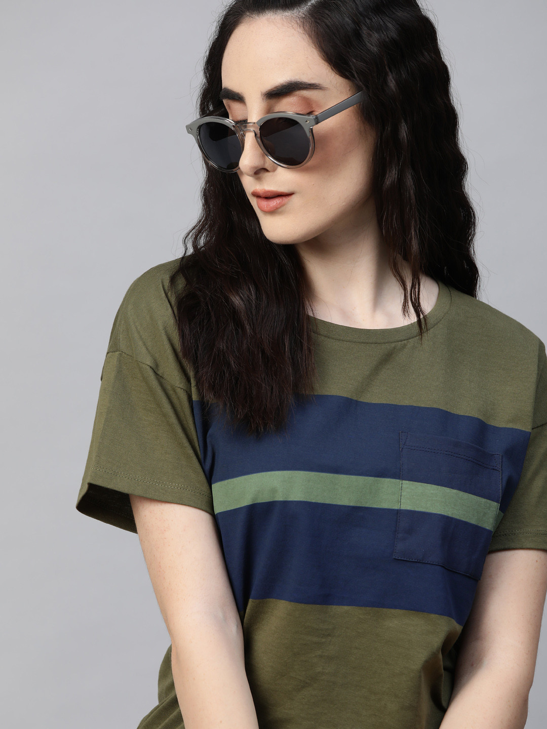 

The Roadster Lifestyle Co Women Olive Navy Blue Striped Drop-Shoulder Sleeves Pure Cotton T-shirt