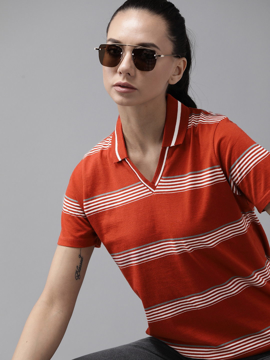 

The Roadster Lifestyle Co Women Rust Orange White Striped Polo Yarn Dyed Born to Roam Pure Cotton T-shirt