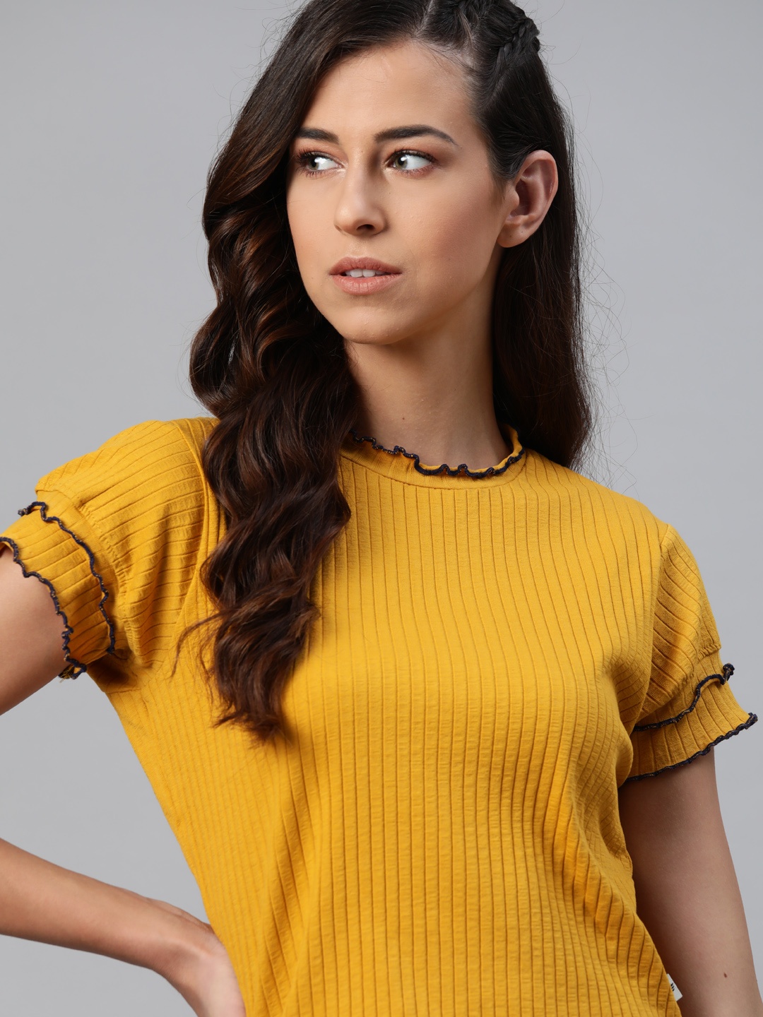 

The Roadster Lifestyle Co Women Mustard Yellow Ribbed Layered Sleeves Cropped T-shirt