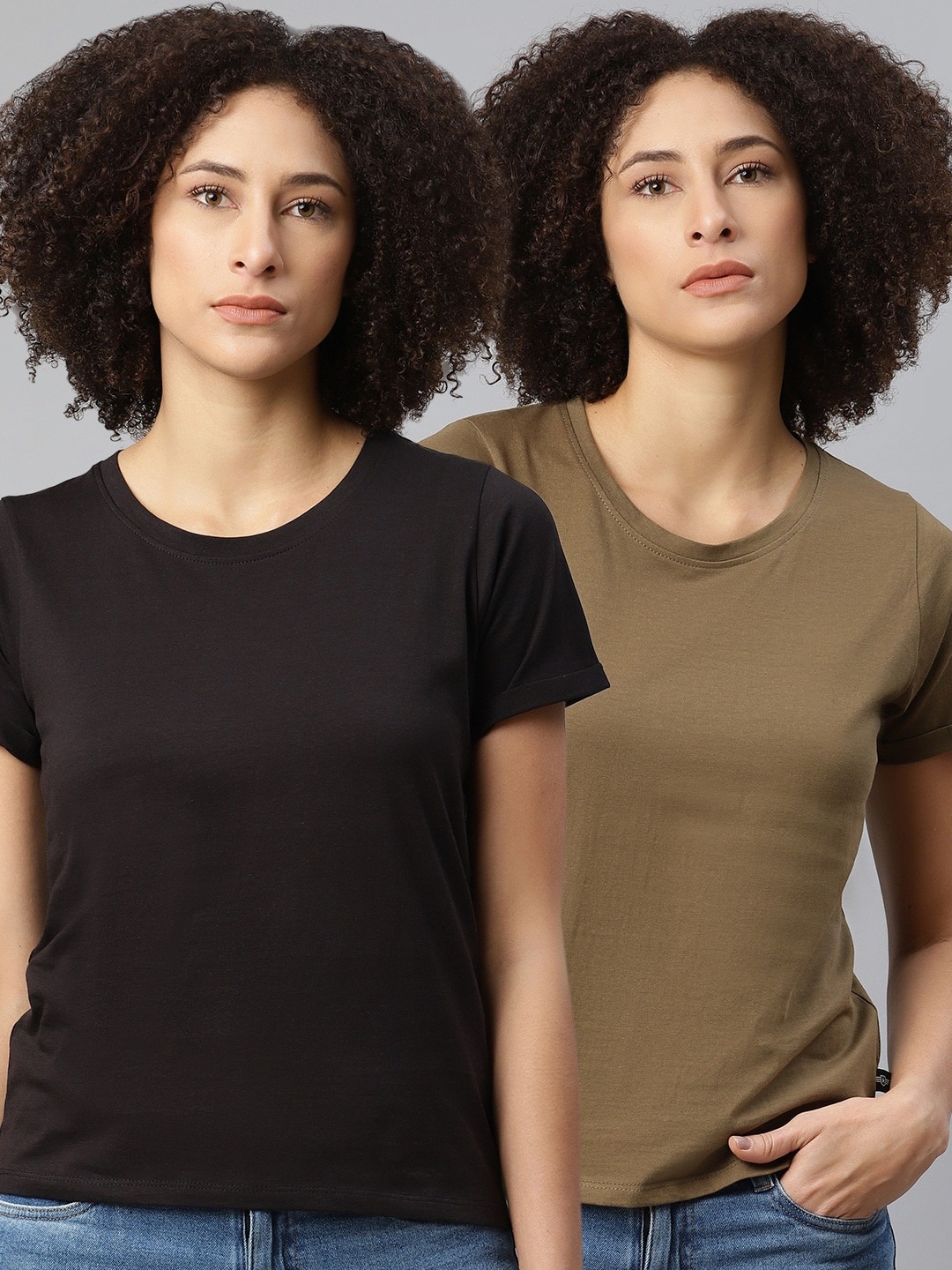 

The Roadster Lifestyle Co Women Pack of 2 Pure Cotton Solid Pure Cotton T-shirts, Black