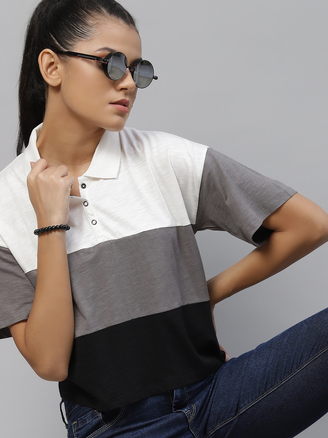 

The Roadster Lifestyle Co Women White & Grey Melange Colourblocked Drop-Shoulder Polo Collar T-shirt