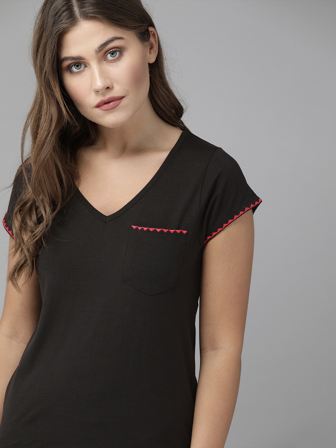 

The Roadster Lifestyle Co Women Black Solid V-Neck Pure Cotton T-shirt with Embroidered Detail