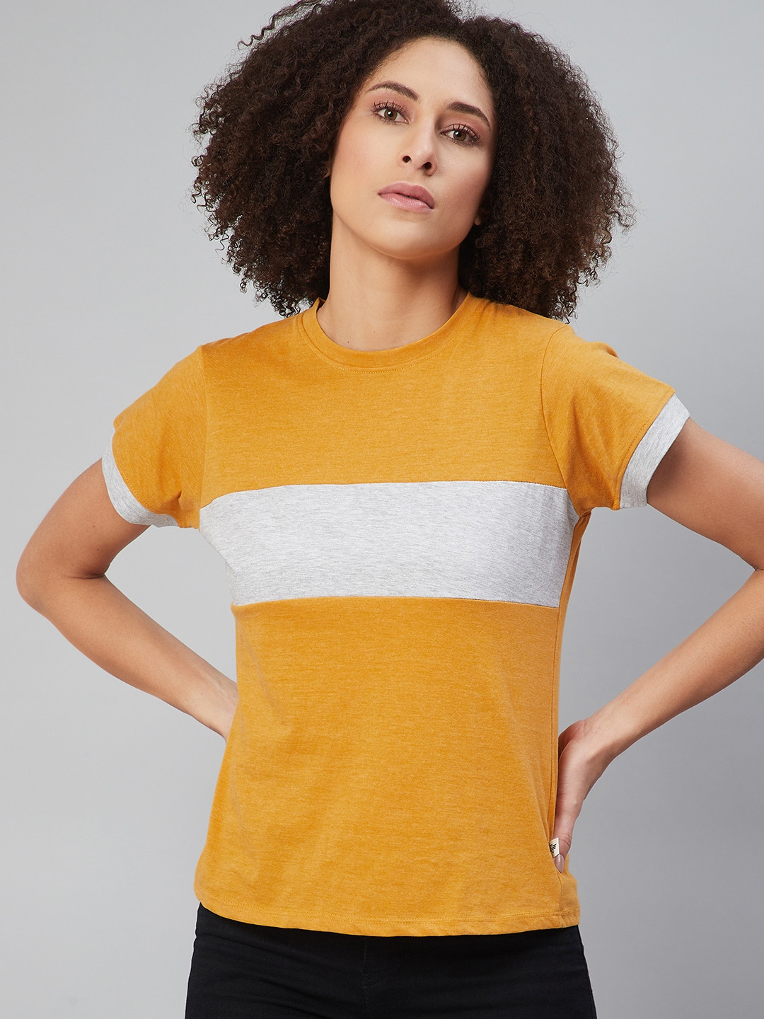 

The Roadster Lifestyle Co Women Yellow & Grey Colourblocked Round Neck T-shirt