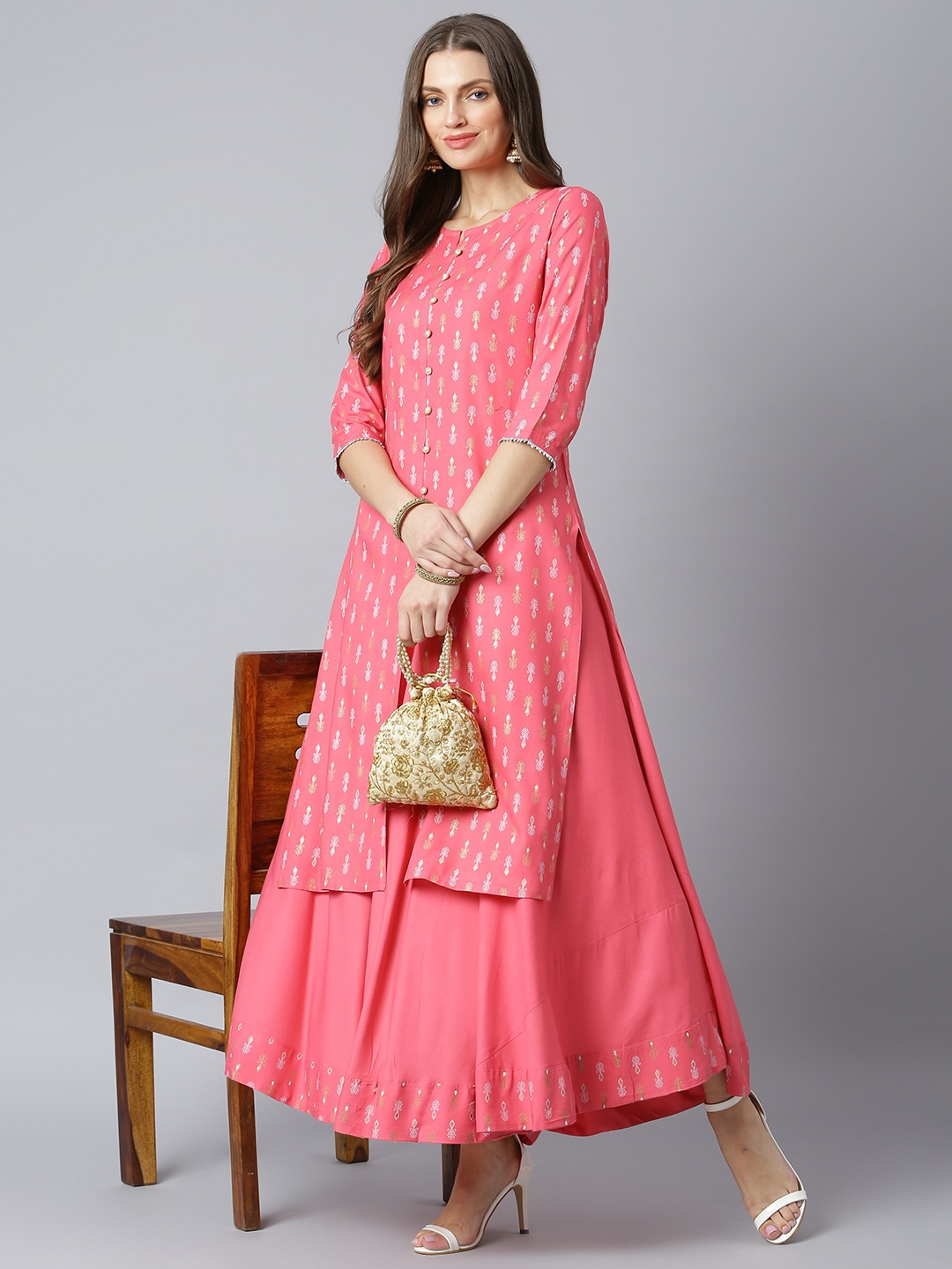 

Khushal K Women Pink & White Printed Kurta with Solid Flared Maxi Skirt