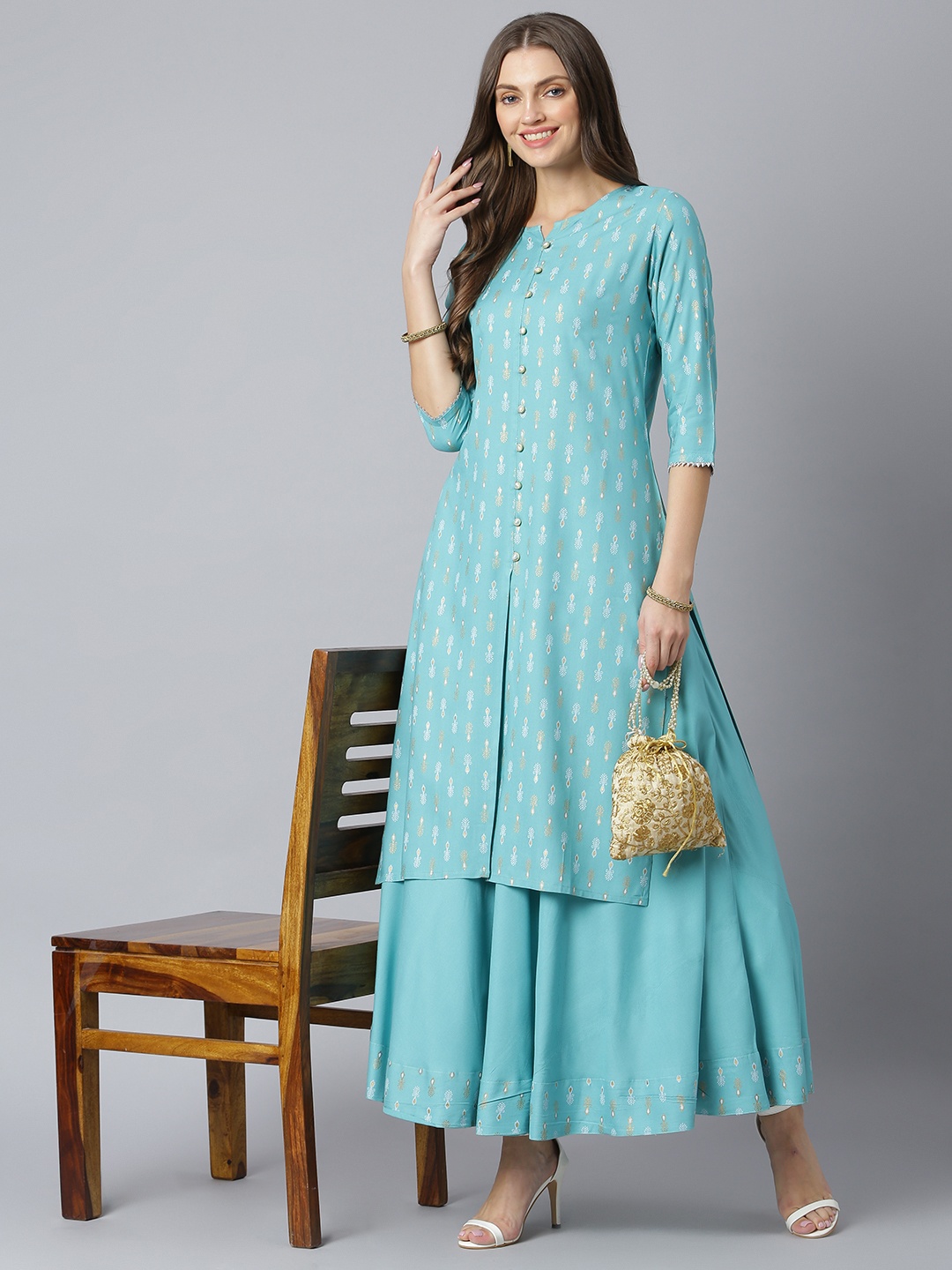

Khushal K Women Sea Green & White Printed Kurta with Solid Flared Maxi Skirt