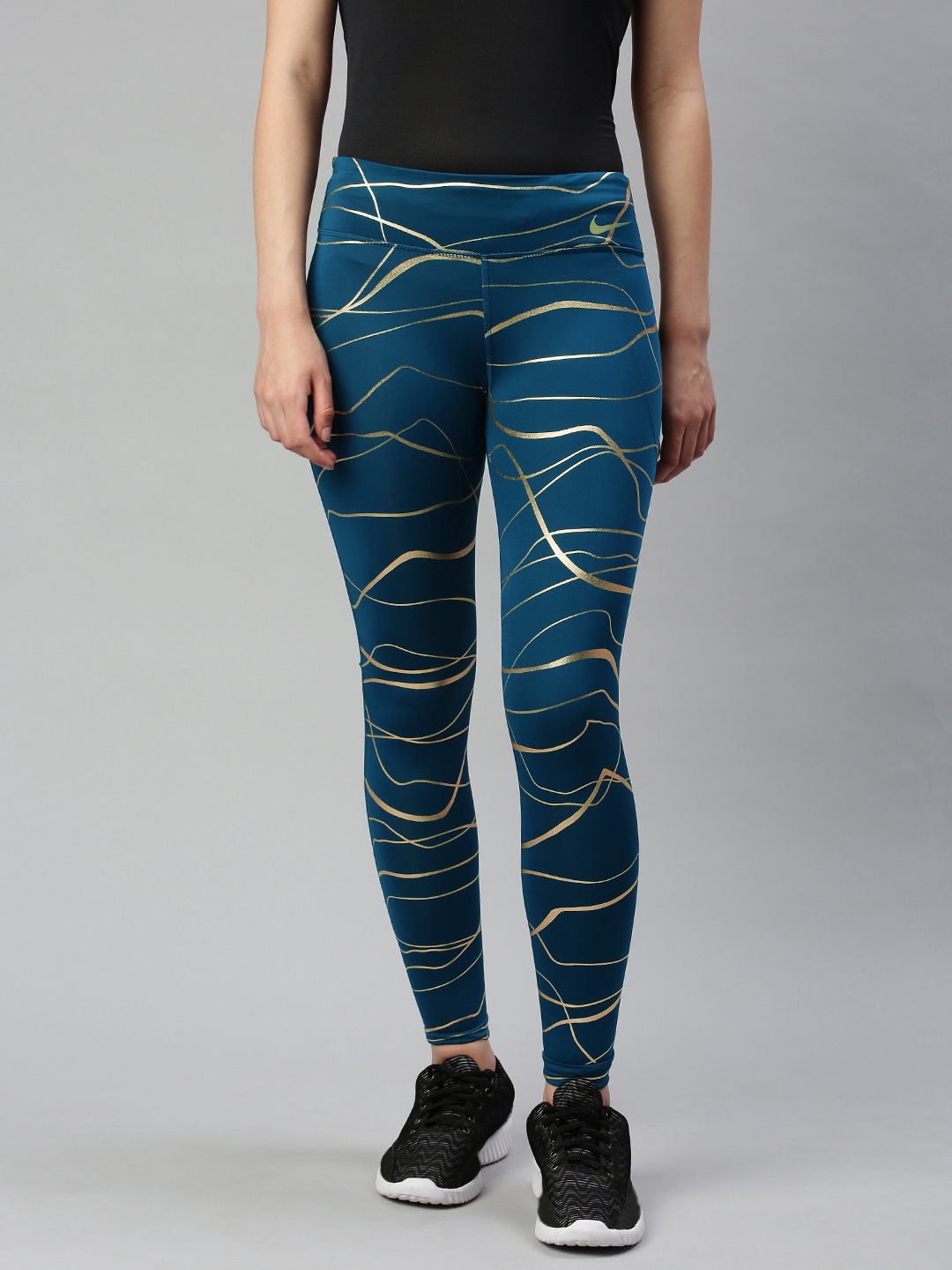 

Nike Women Teal Blue & Gold-Toned Printed Dri-Fit Icon Clash Fast Running Tights