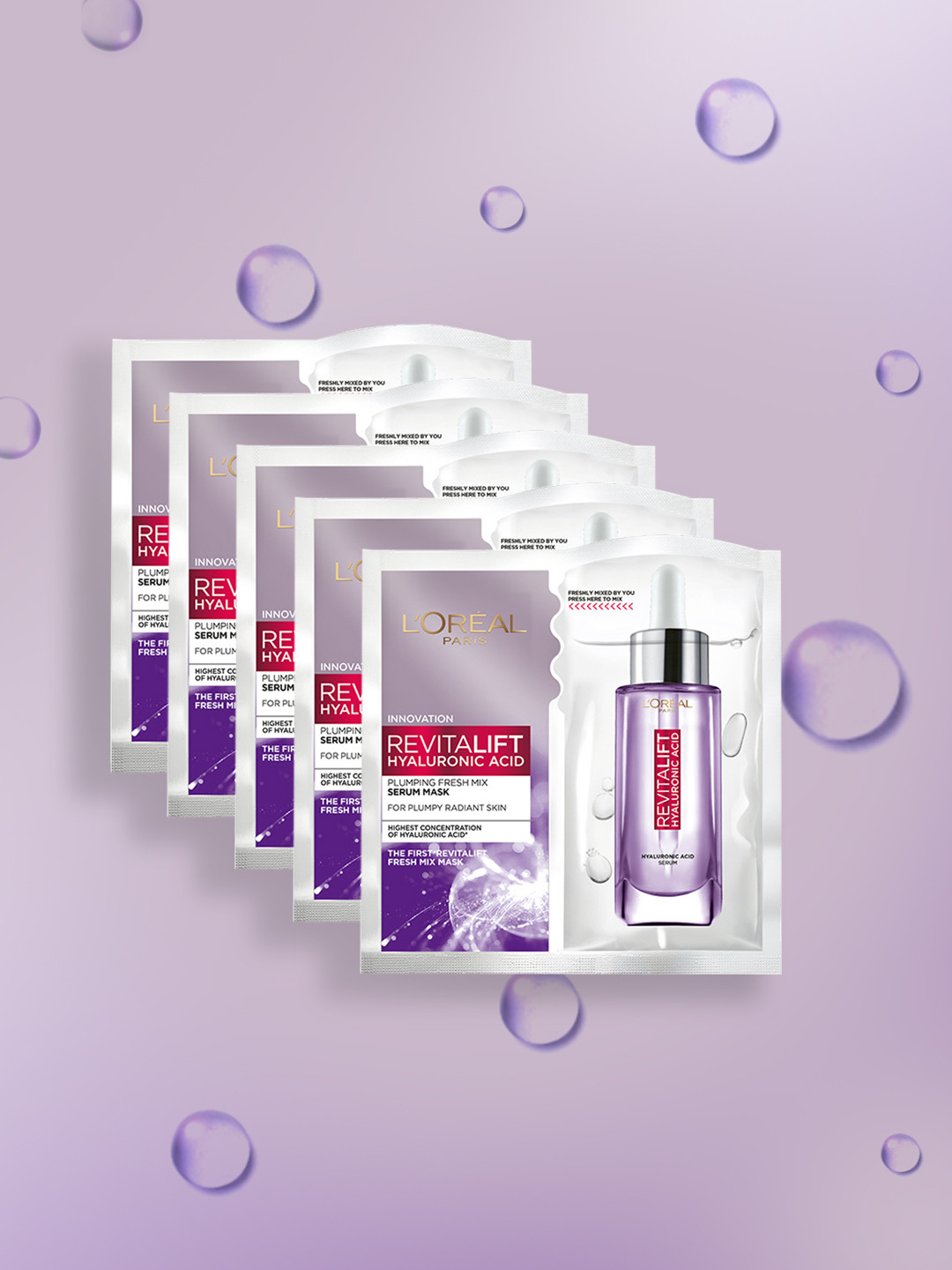 

LOreal Paris Set of 5 Revitalift Hyaluronic Acid Plumping Fresh Mix Serum Sheet Mask with Glycerin, Purple