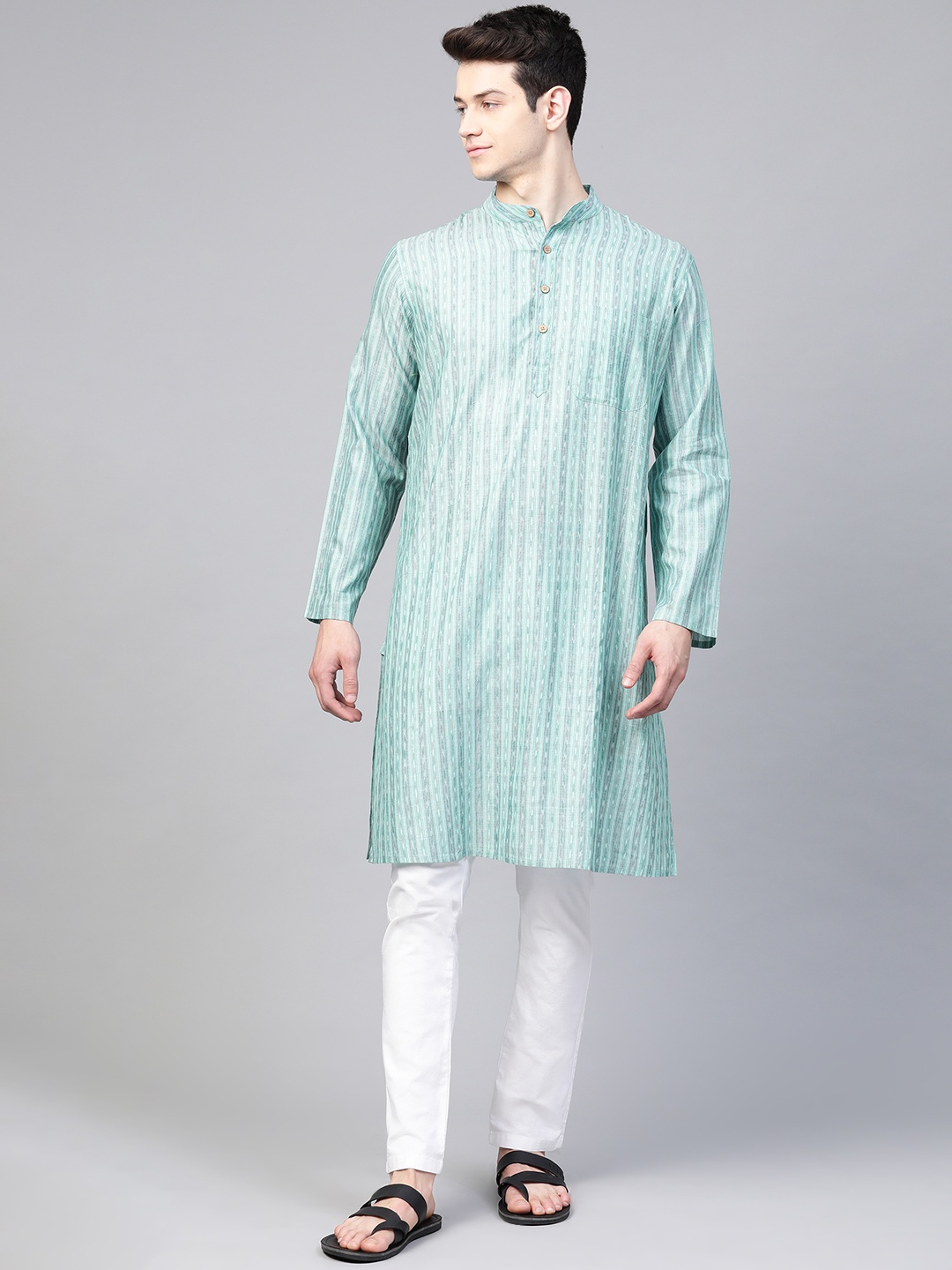 

Fabindia Men Sea Green & White Pure Cotton Ikat Pattern Straight Kurta