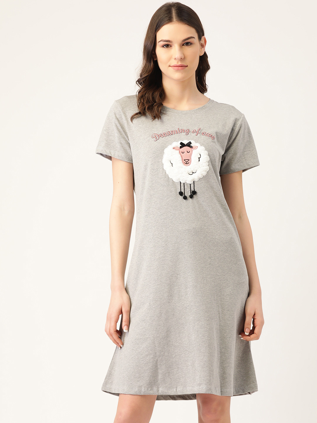 

Sweet Dreams Grey Melange & White Embroidered Midi Nightdress