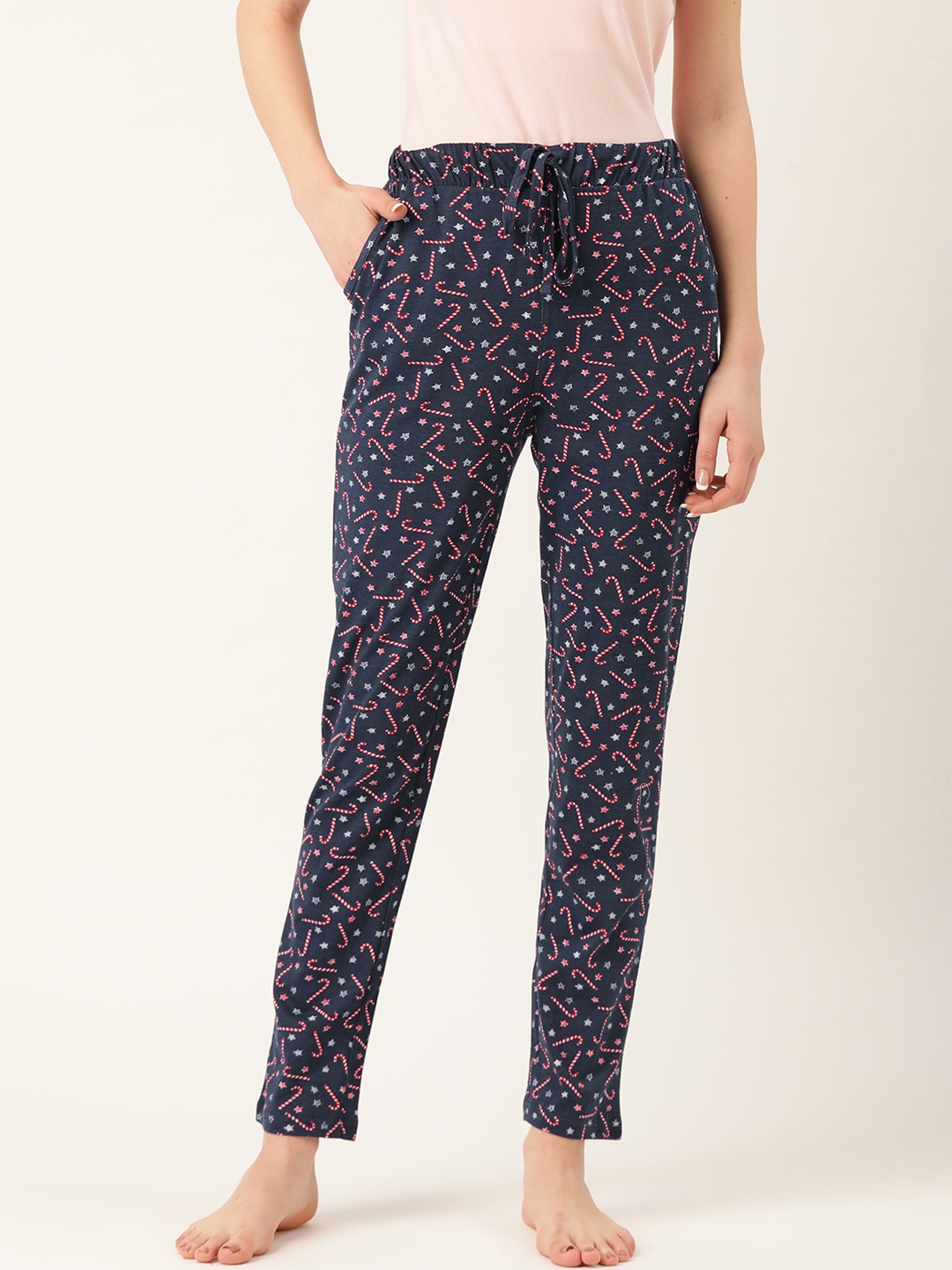 

Sweet Dreams Navy Blue & Red Printed Pure Cotton Lounge Pants