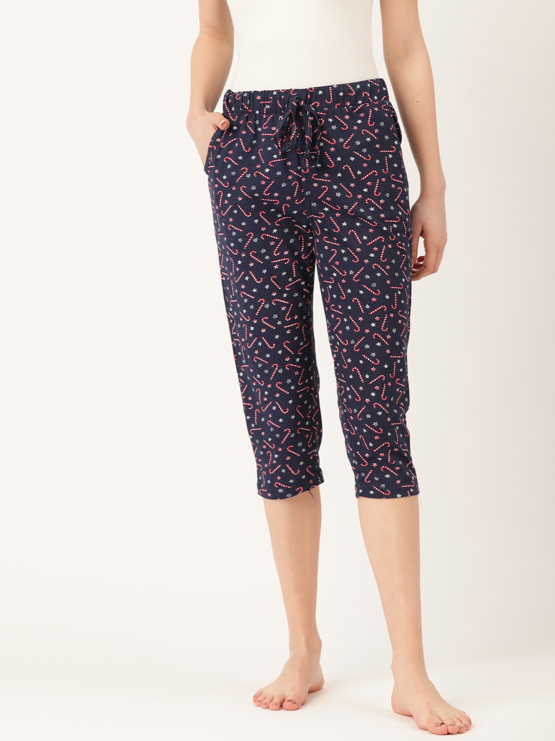 

Sweet Dreams Navy Blue & Red Quirky Printed Lounge Capris