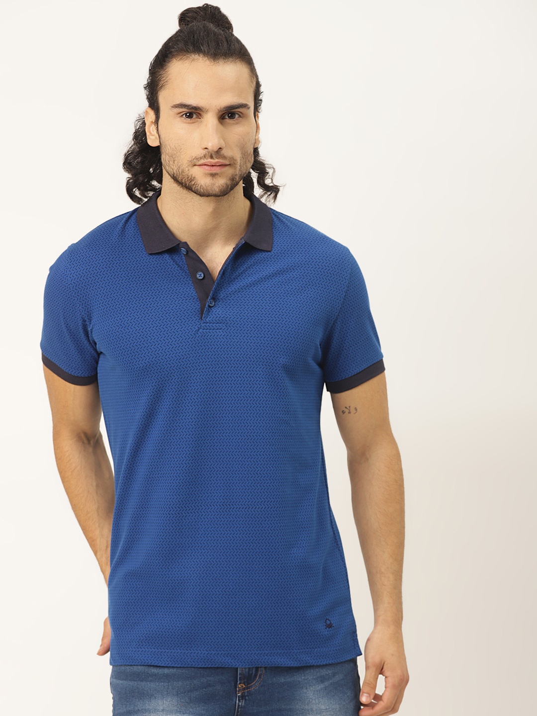

United Colors of Benetton Men Blue Printed Polo Collar T-shirt