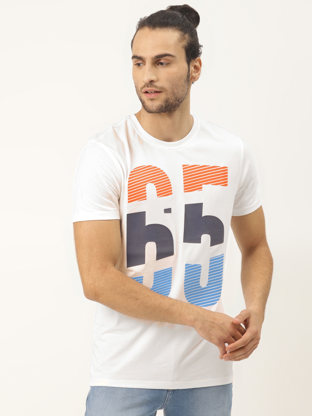 

United Colors of Benetton Men White & Blue Pure Cotton Printed Round Neck T-shirt