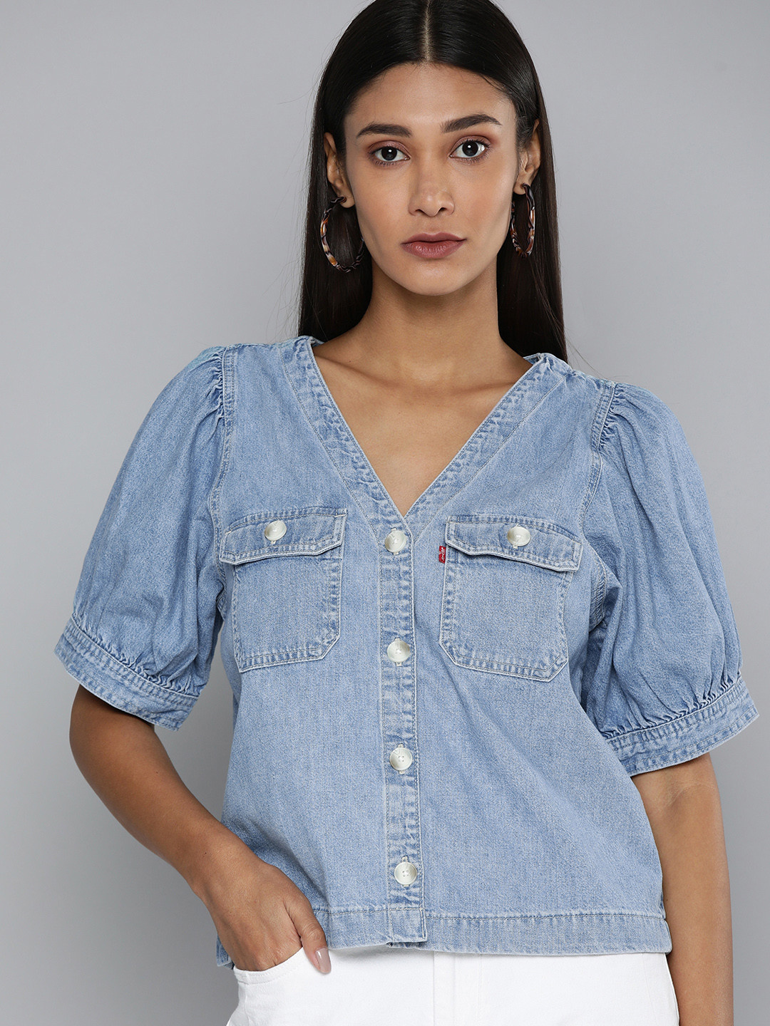 

Levis Blue Puff Sleeve Denim Shirt Style Top