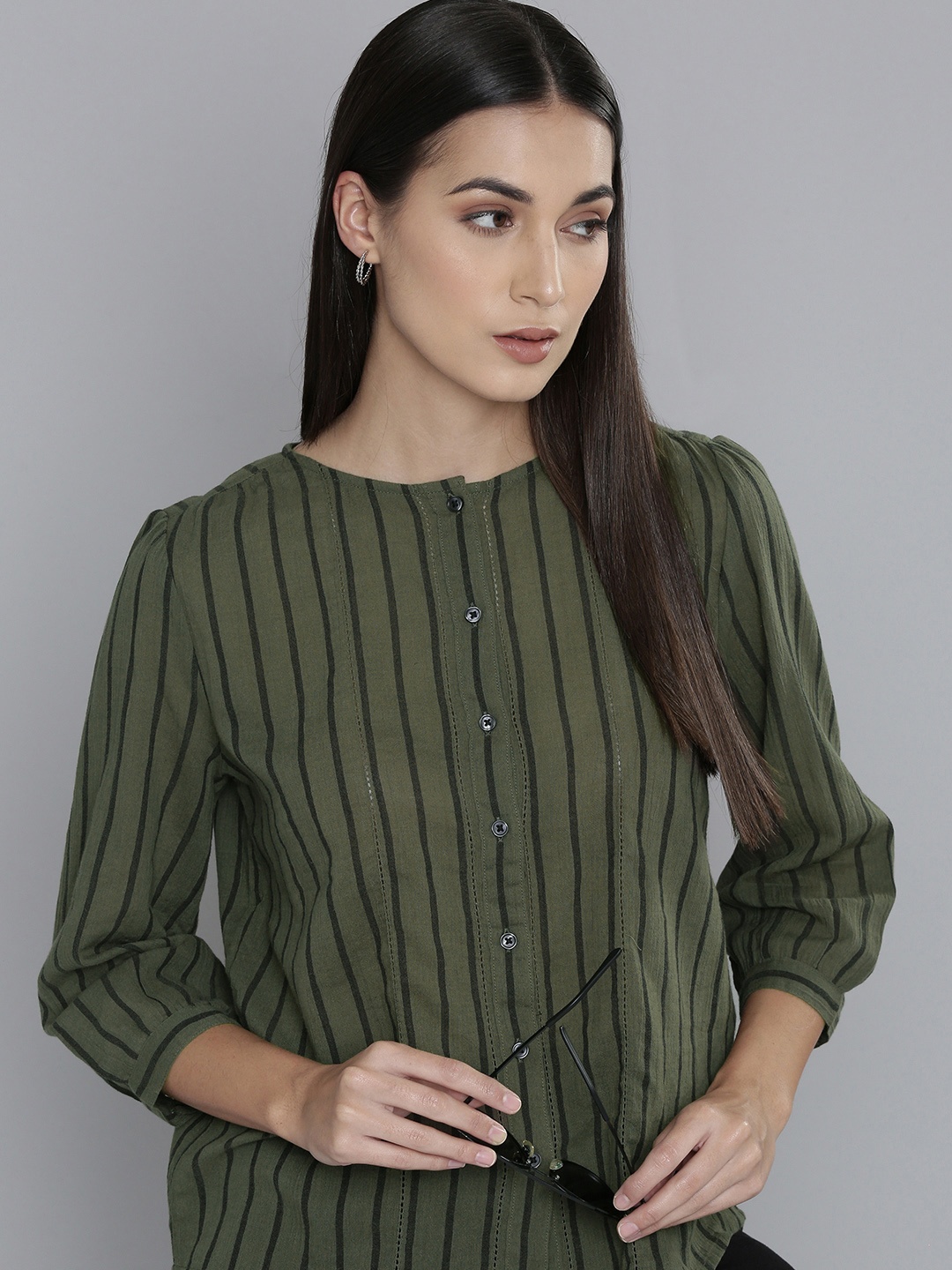 

Levis Women Green & Black Striped Pure Cotton Top