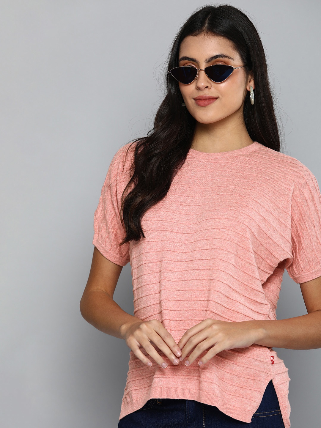 

Levis Women Pure Cotton Striped Drop-Shoulder Loose T-shirt, Pink