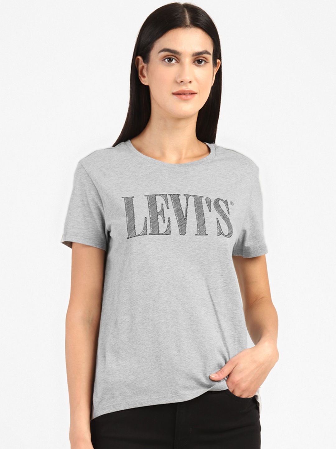 

Levis Women Grey Brand Logo Printed Cotton Sustainable Pure Cotton T-shirt
