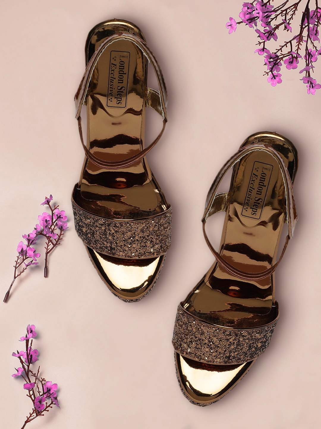

LONDON STEPS Women Copper-Toned Embellished Platform Heels