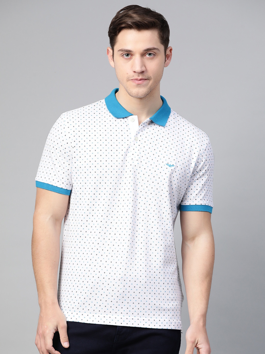 

Park Avenue Men White & Blue Slim Fit Micro Ditsy Printed Polo Collar T-shirt