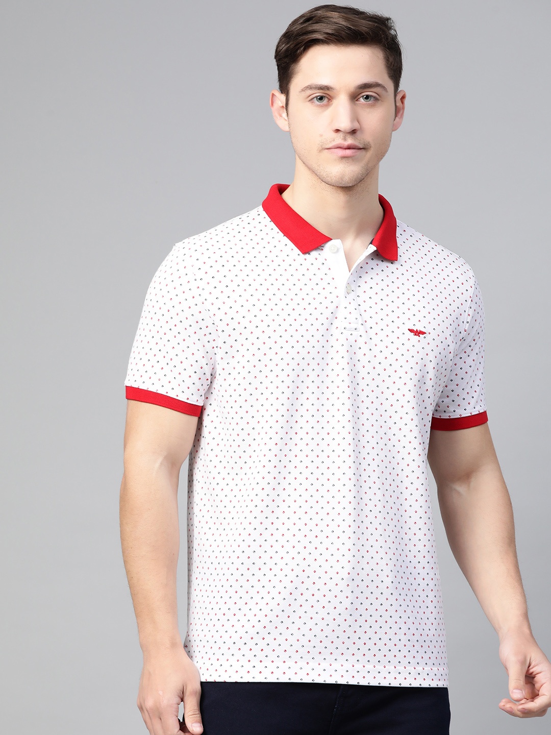 

Park Avenue Men White & Red Slim Fit Micro Ditsy Printed Polo Collar T-shirt