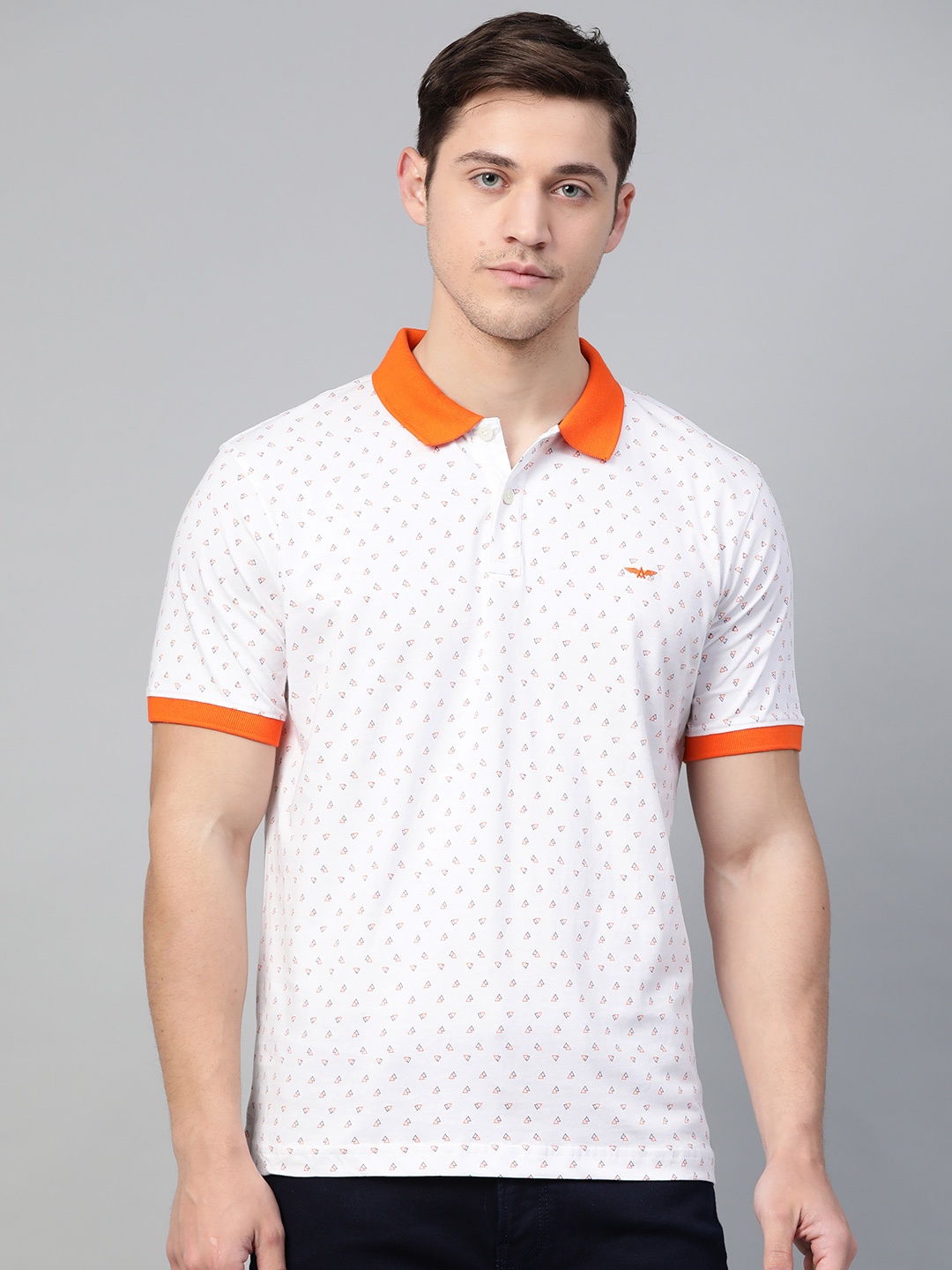 

Park Avenue Men White Coral Orange Slim Fit Pure Cotton Printed Polo Collar Pure Cotton T-shirt
