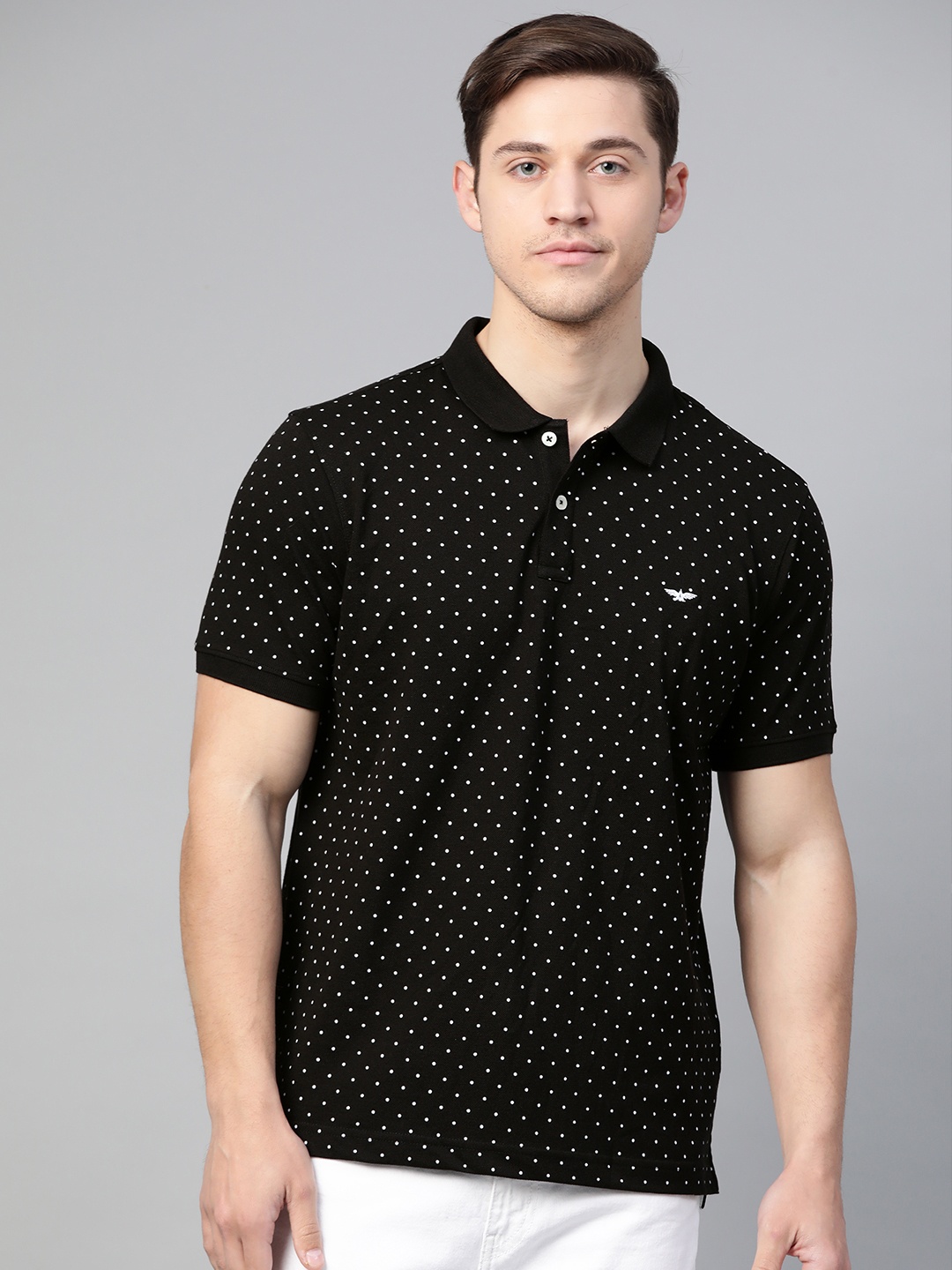

Park Avenue Men Black & White Slim Fit Ditsy Polka Dots Printed Polo Collar T-shirt
