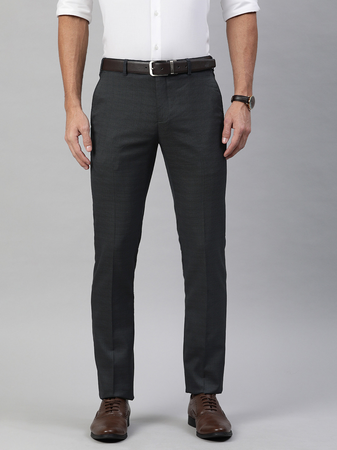 

Raymond Men Navy Blue Slim Fit Checked Formal Trousers