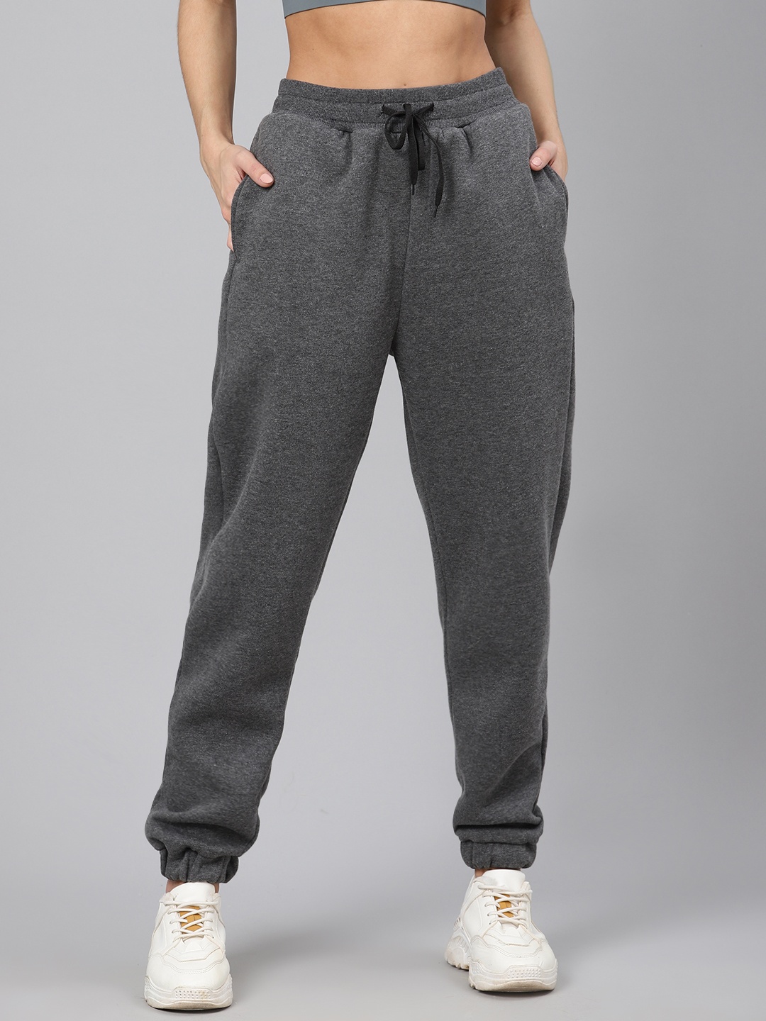

Fitkin Women Charcoal Grey Solid Fleece Regular Fit Joggers