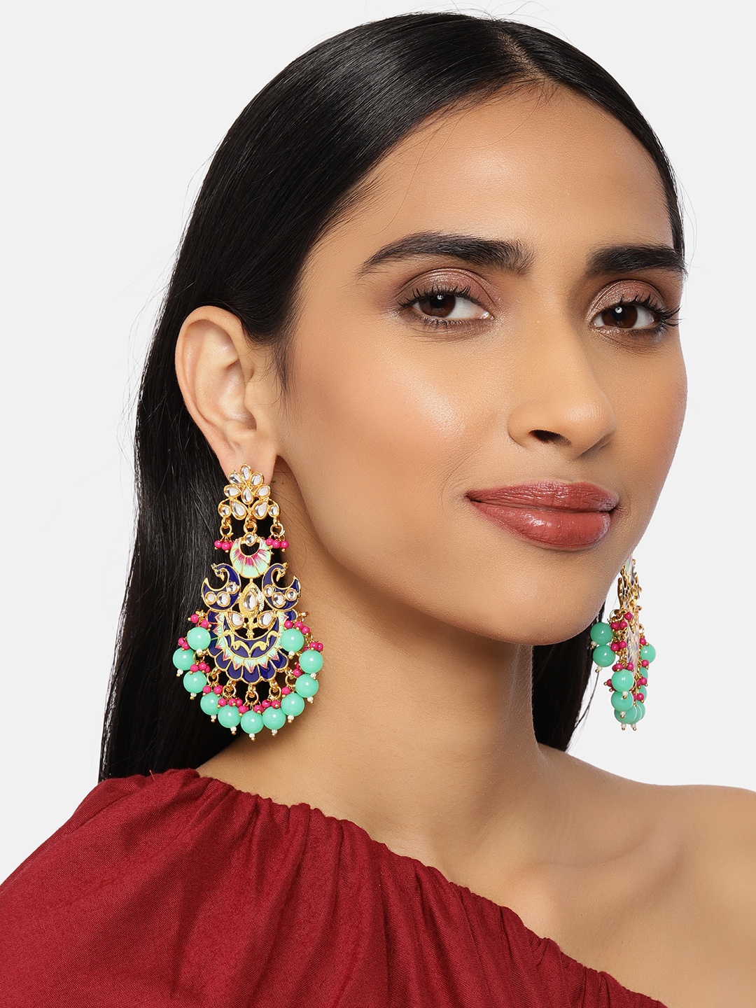 

Zaveri Pearls Multicolor Gold-Plated Meenakari Kundan Studded Earrings, Multi