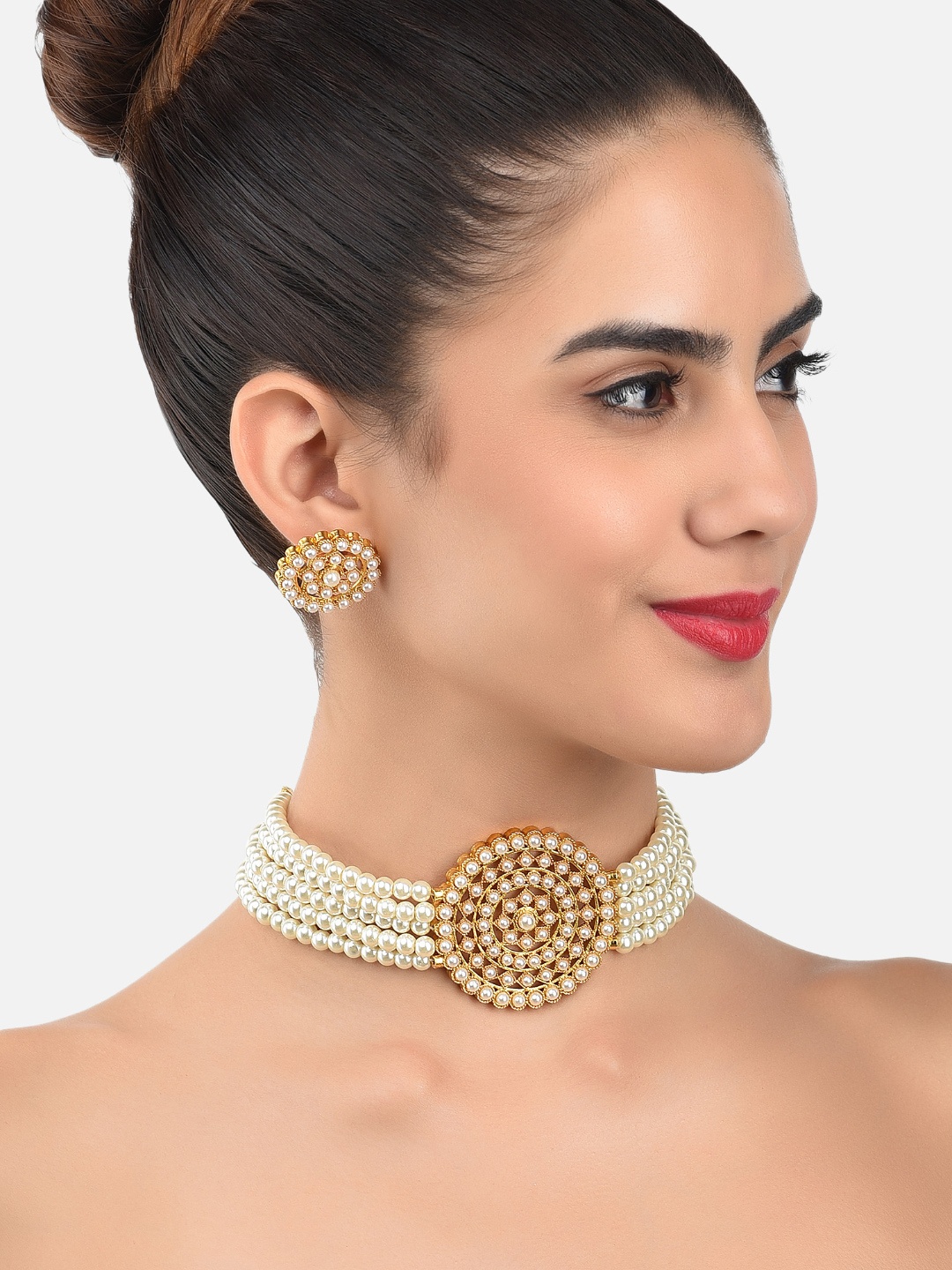 

Zaveri Pearls White & Gold-Toned Multistranded Jewellery Set