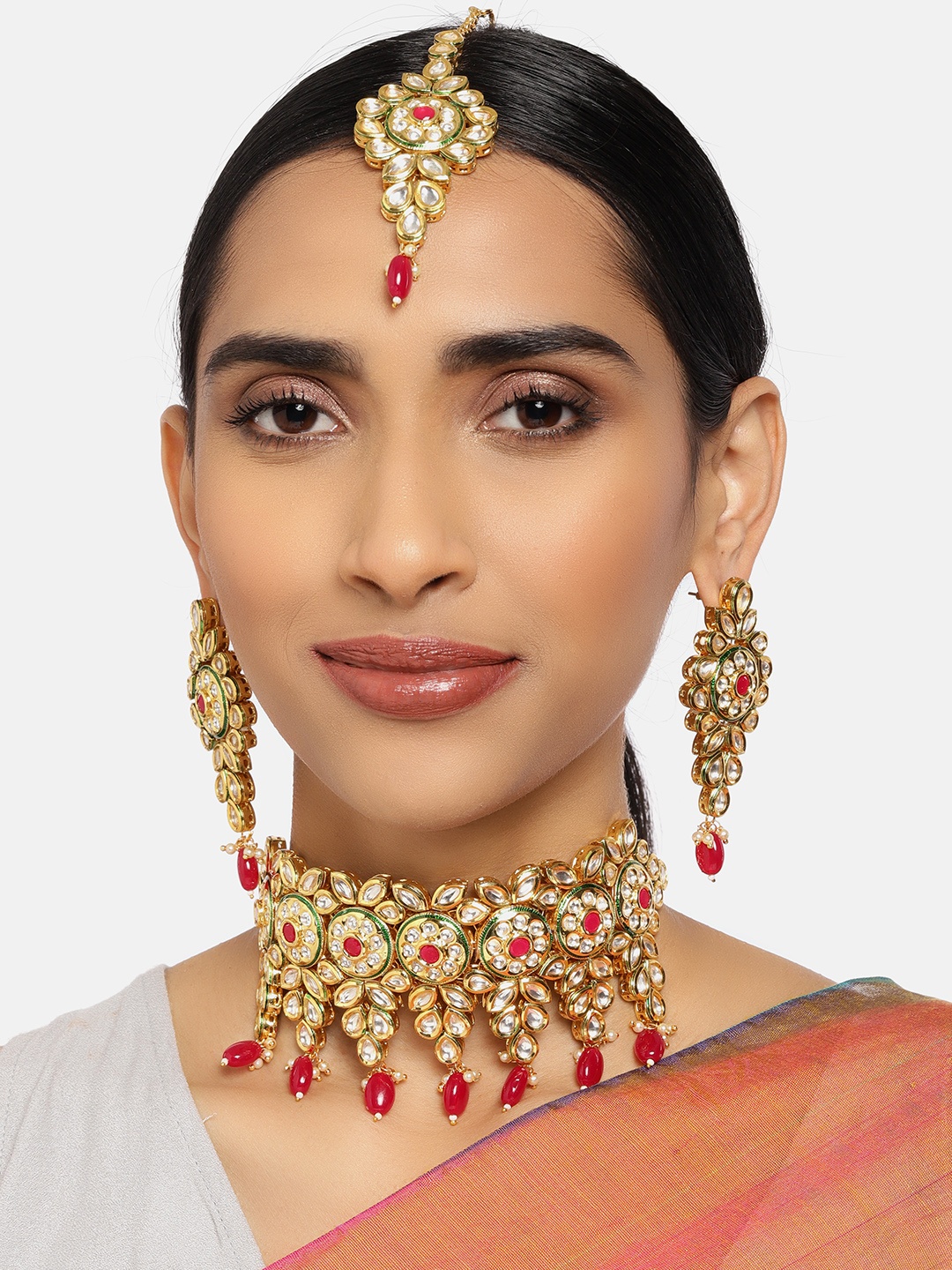 

Zaveri Pearls Pink Gold-Plated Kundan Studded Jewellery Set