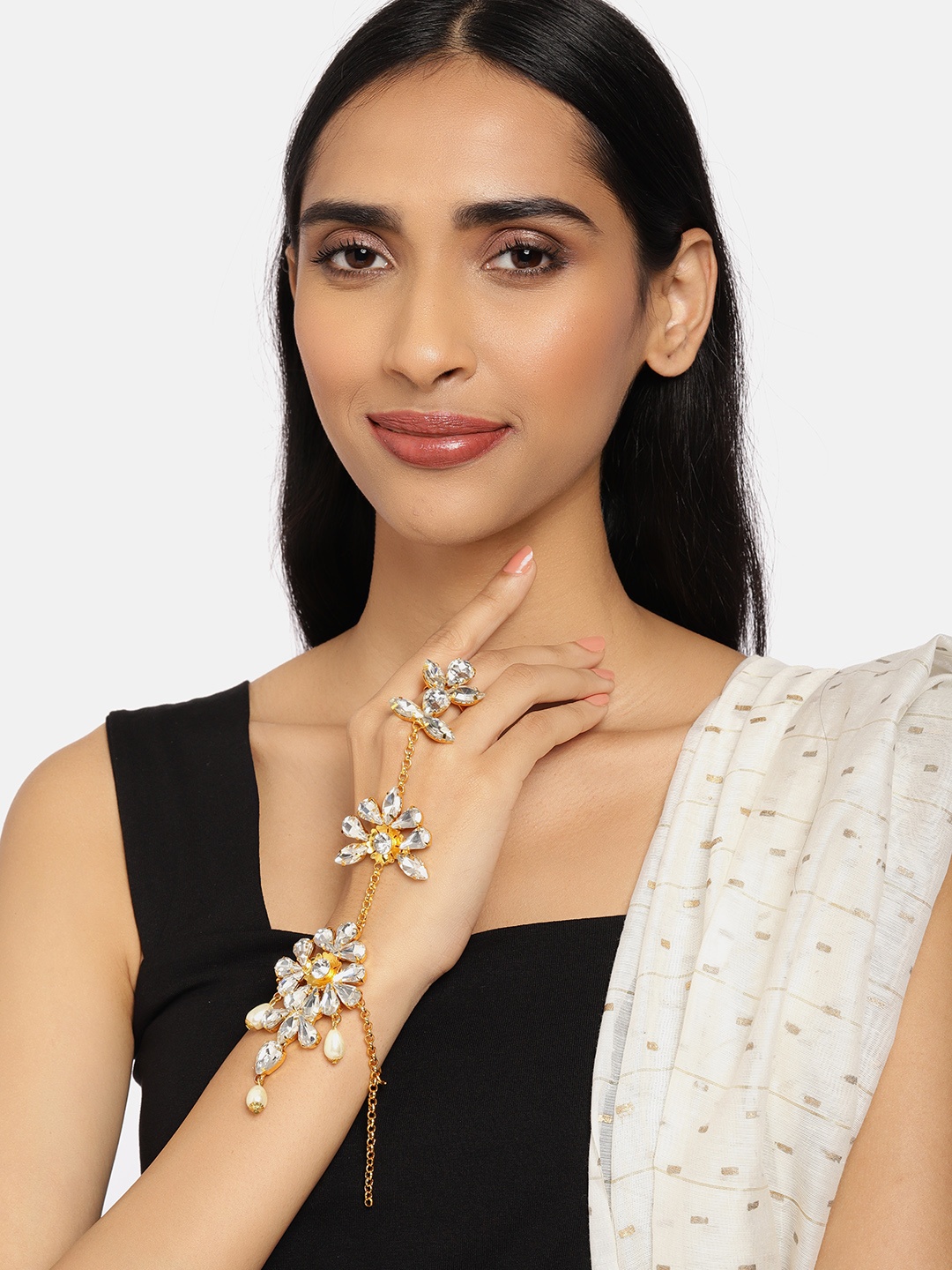 

Zaveri Pearls Gold-Plated Embellished Stone Studded Ring Bracelet