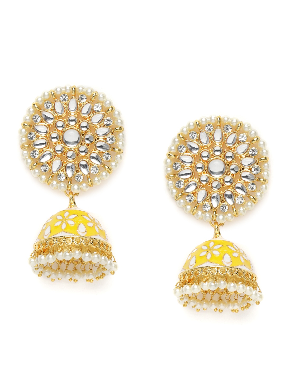 

Zaveri Pearls Yellow & White Gold-Plated Meenakari Earrings