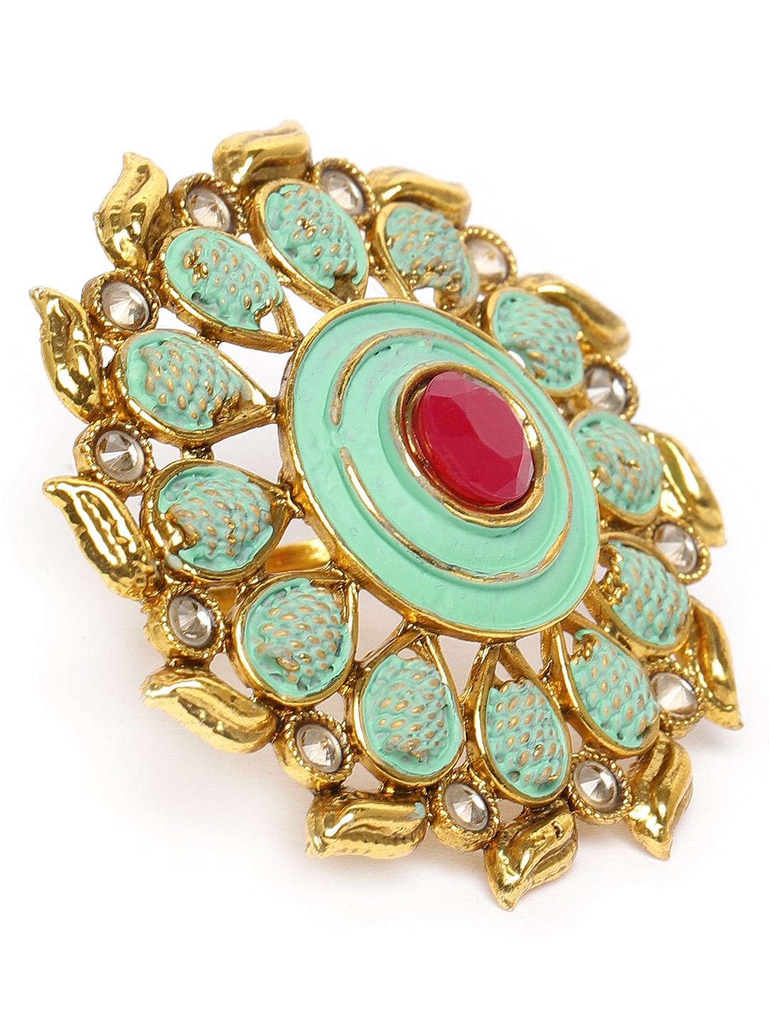 

Zaveri Pearls Green Gold-Plated Meenakari Floral Adjustable Finger Ring