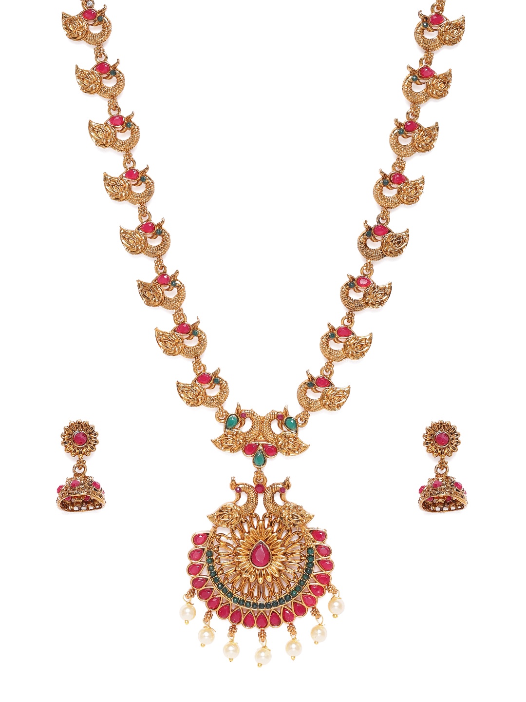 

Zaveri Pearls Pink & Green Gold-Plated Antique Jewellery Set