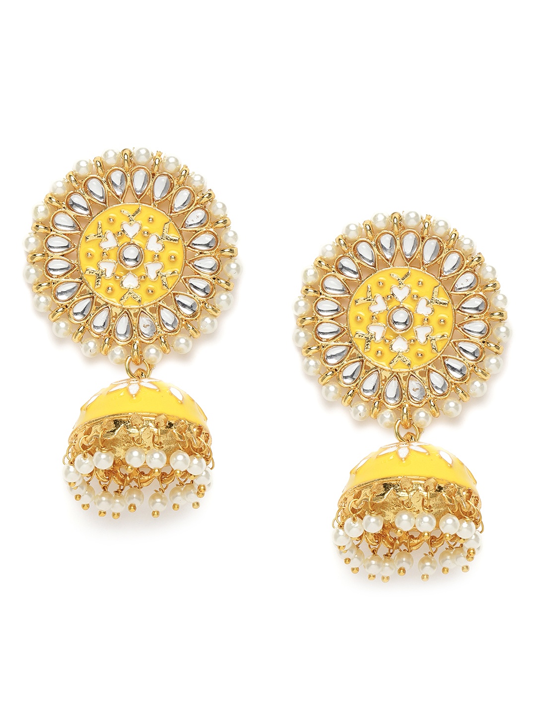 

Zaveri Pearls Yellow & White Gold-Plated Meenakari Kundan Studded Earrings