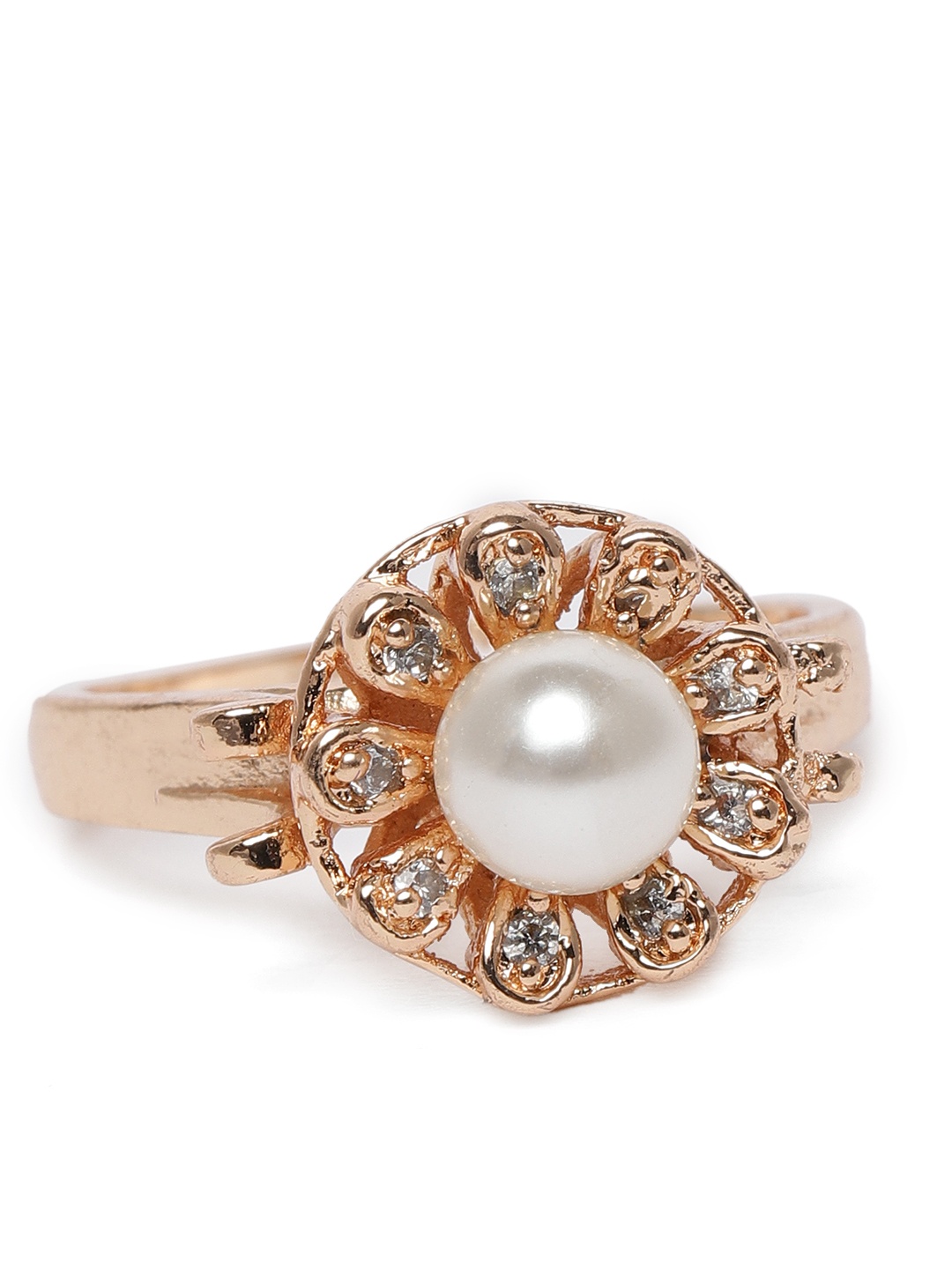 

Zaveri Pearls Rose Gold-Plated Cubic Zirconia & Pearl Floral Adjustable Finger Ring