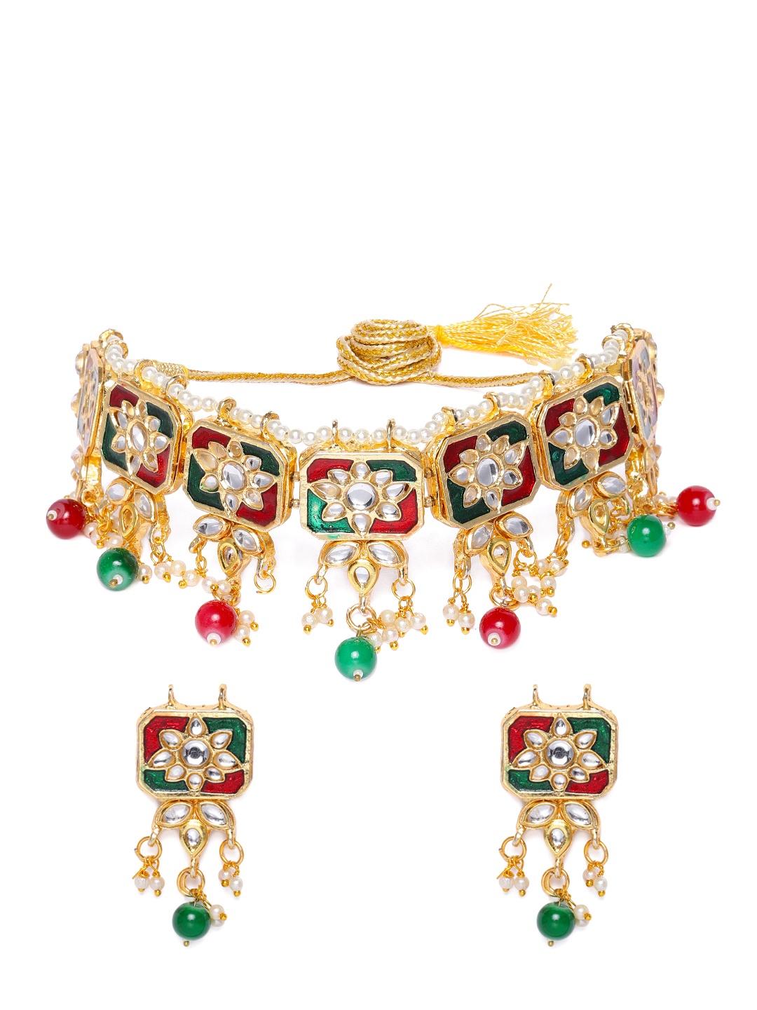 

Zaveri Pearls Red & Green Gold-Plated Meenakari Kundan Studded Jewellery Set