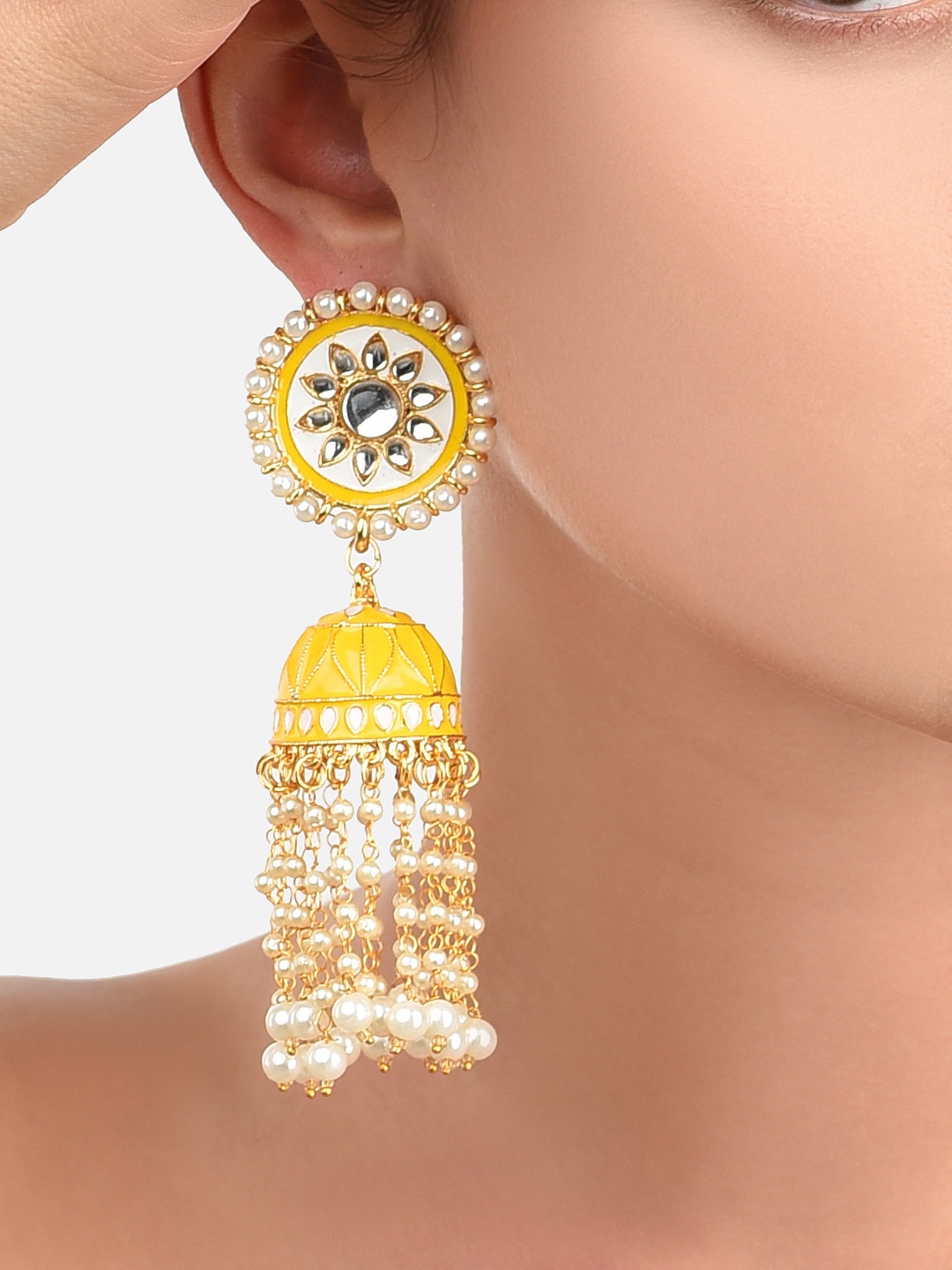 

Zaveri Pearls Yellow Embellished Dome Shaped Jhumkas