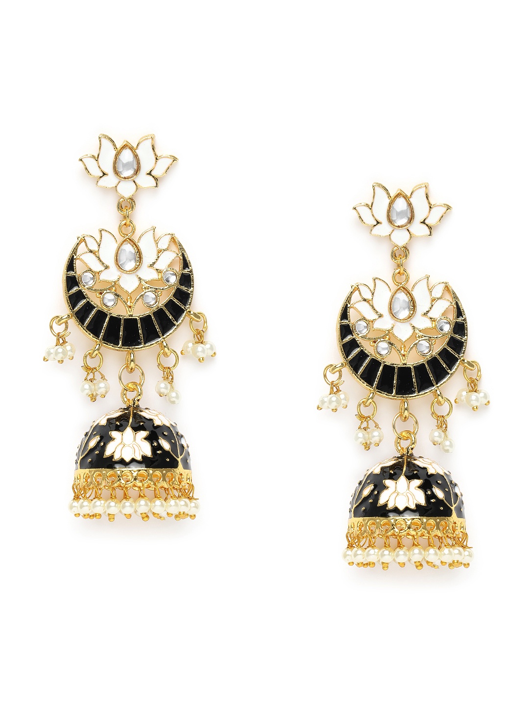 

Zaveri Pearls Black & White Gold-Plated Meenakari Kundan Studded Earrings